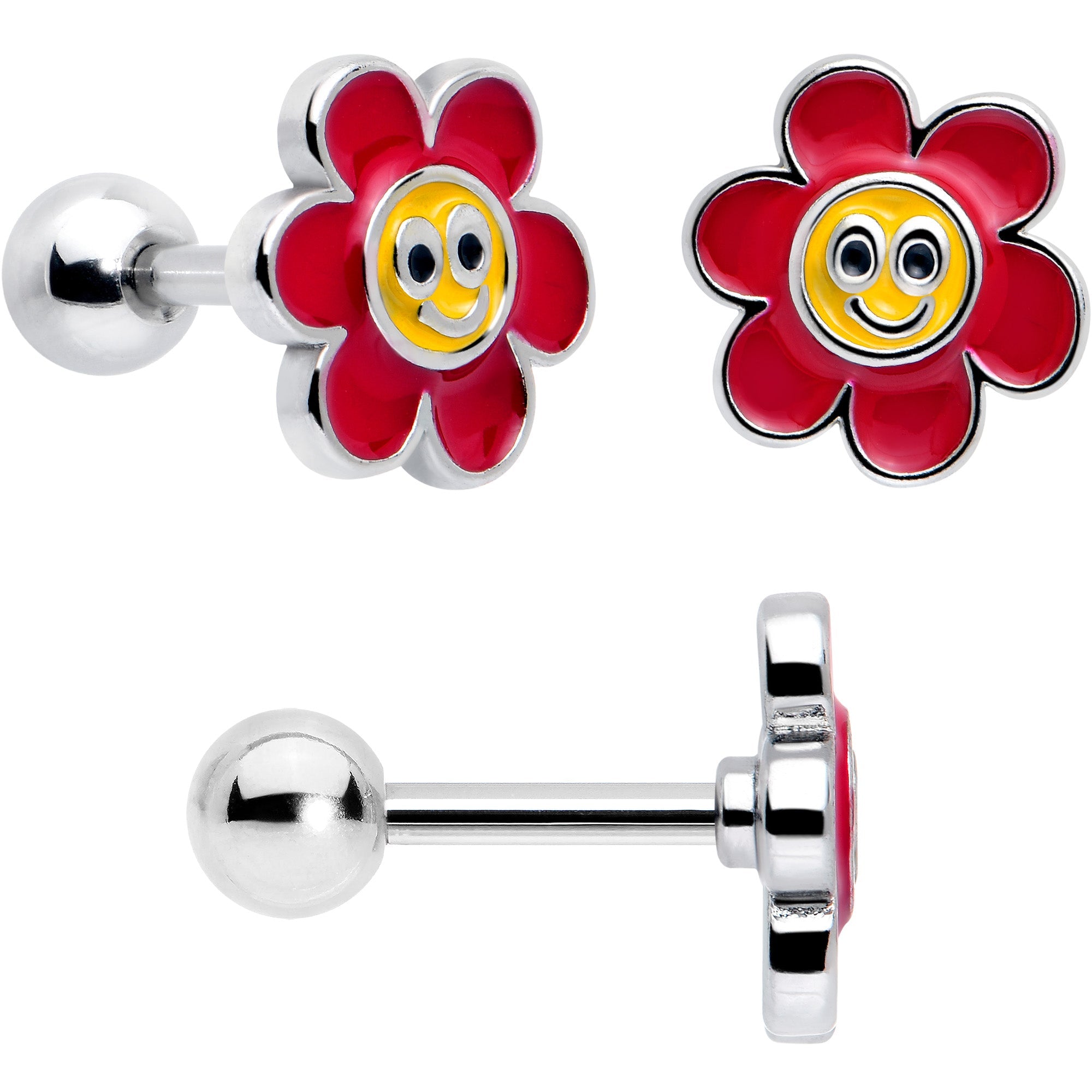 BodyCandy 16G 1/4 Ladybug Hippie Flower Cartilage Tragus Earring Set of 3 — side view