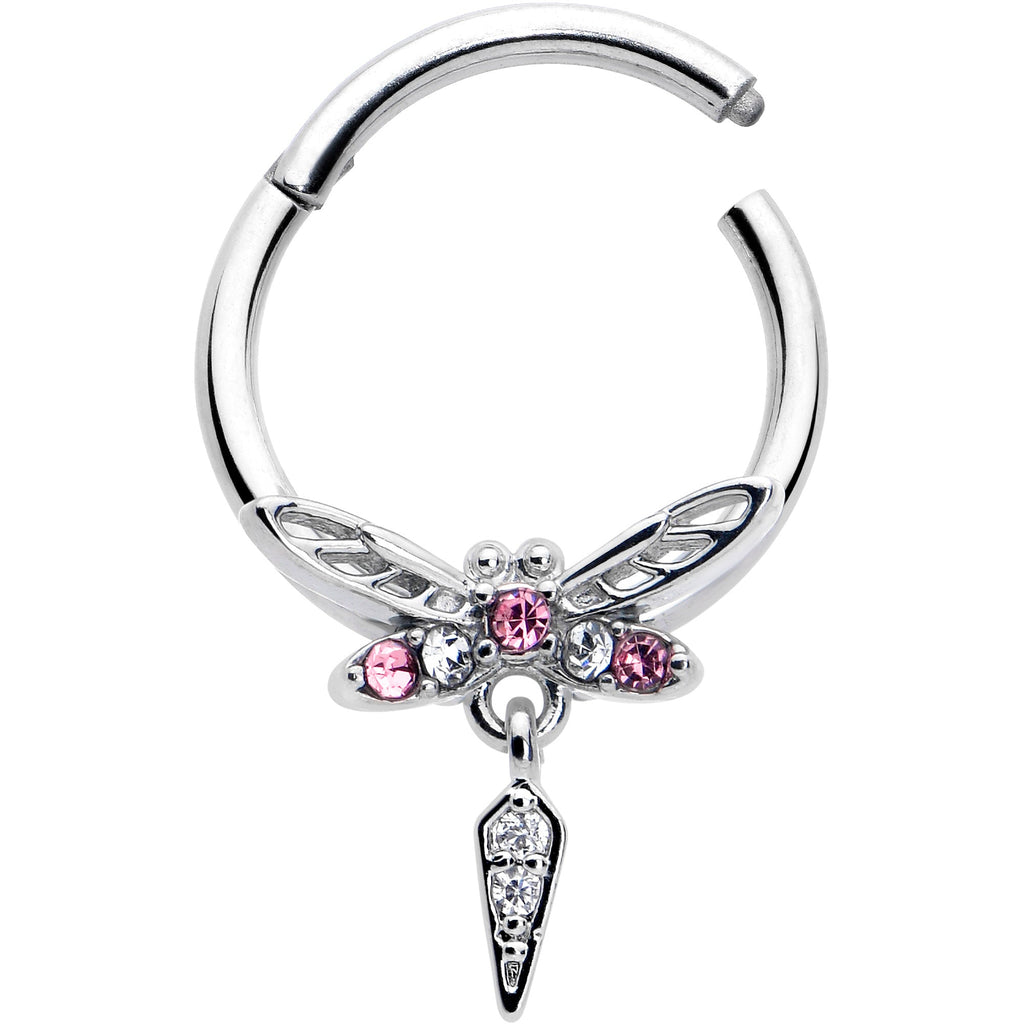 BodyCandy 16G 3/8 Pink Gem Swank Dragonfly Dangle Hinged Segment Ring — detail close-up