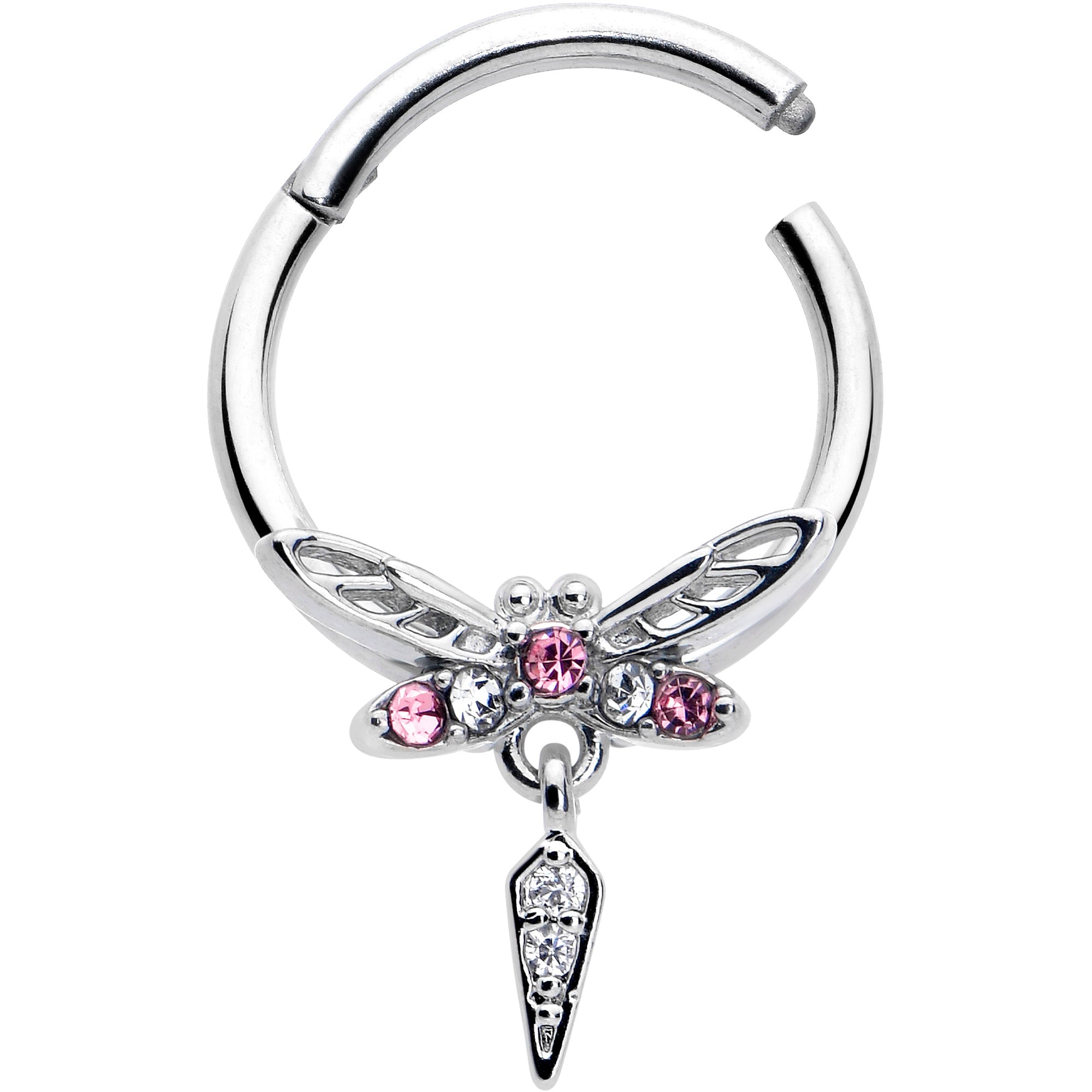 BodyCandy 16G 3/8 Pink Gem Swank Dragonfly Dangle Hinged Segment Ring — detail close-up