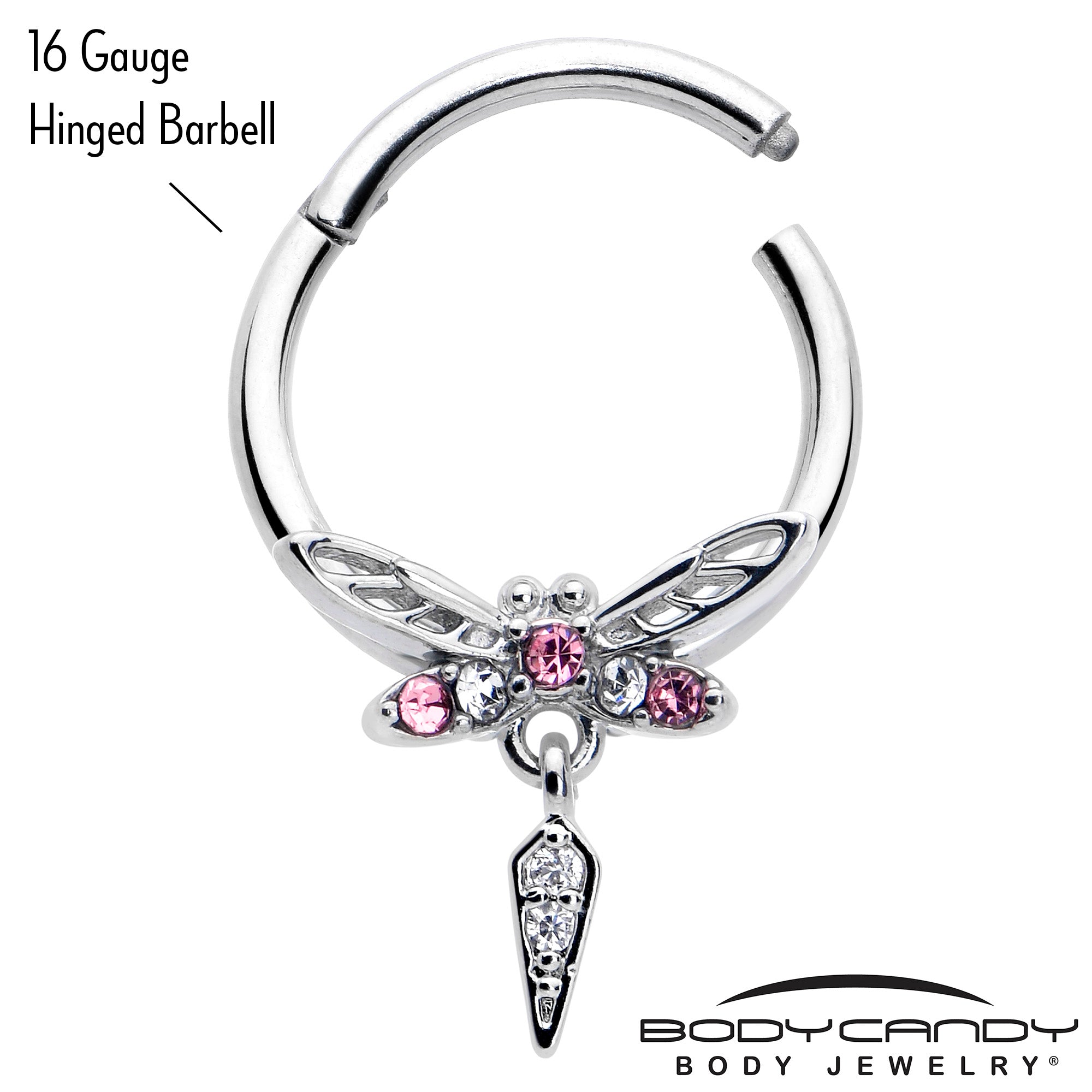 BodyCandy 16G 3/8 Pink Gem Swank Dragonfly Dangle Hinged Segment Ring — lifestyle context