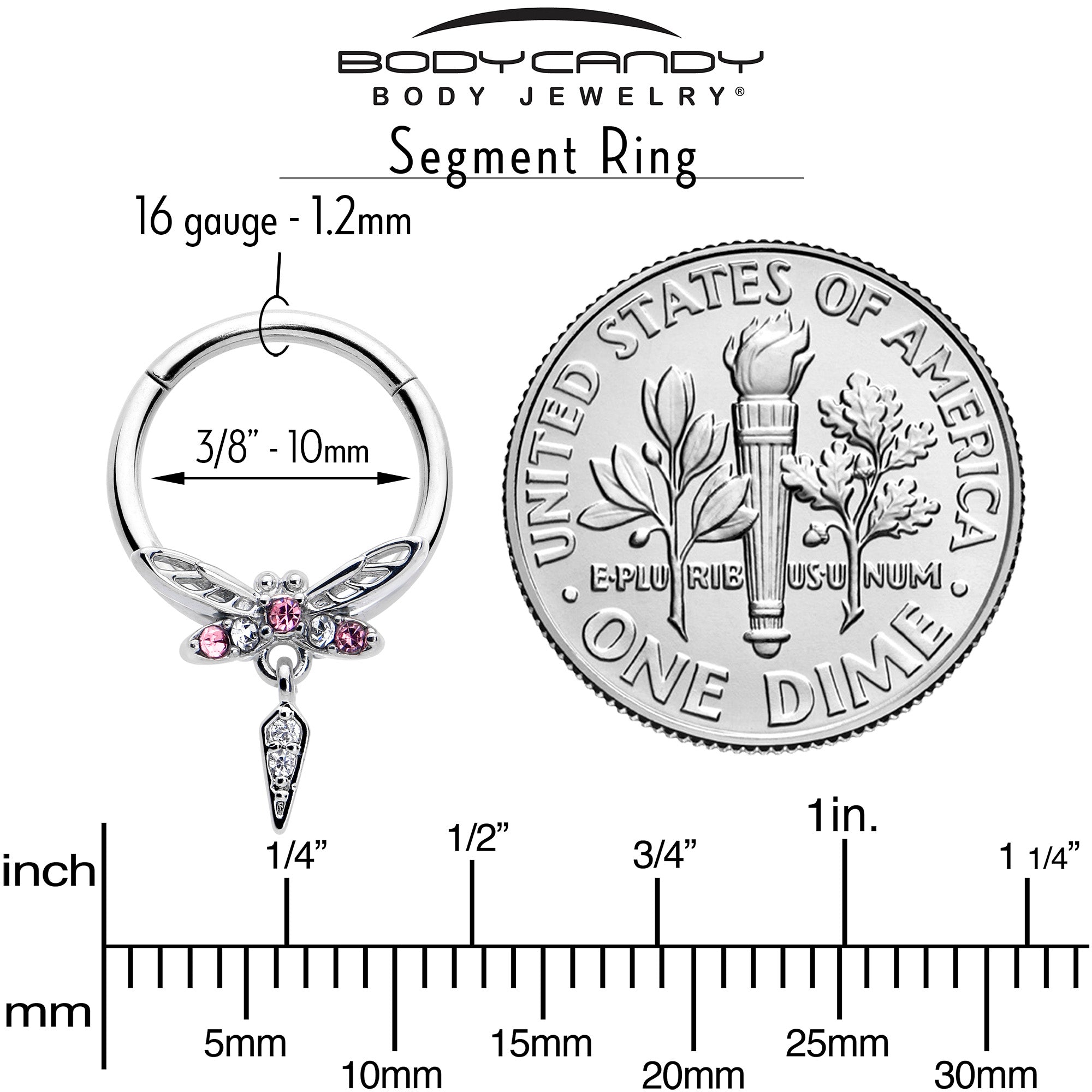 BodyCandy 16G 3/8 Pink Gem Swank Dragonfly Dangle Hinged Segment Ring — side view