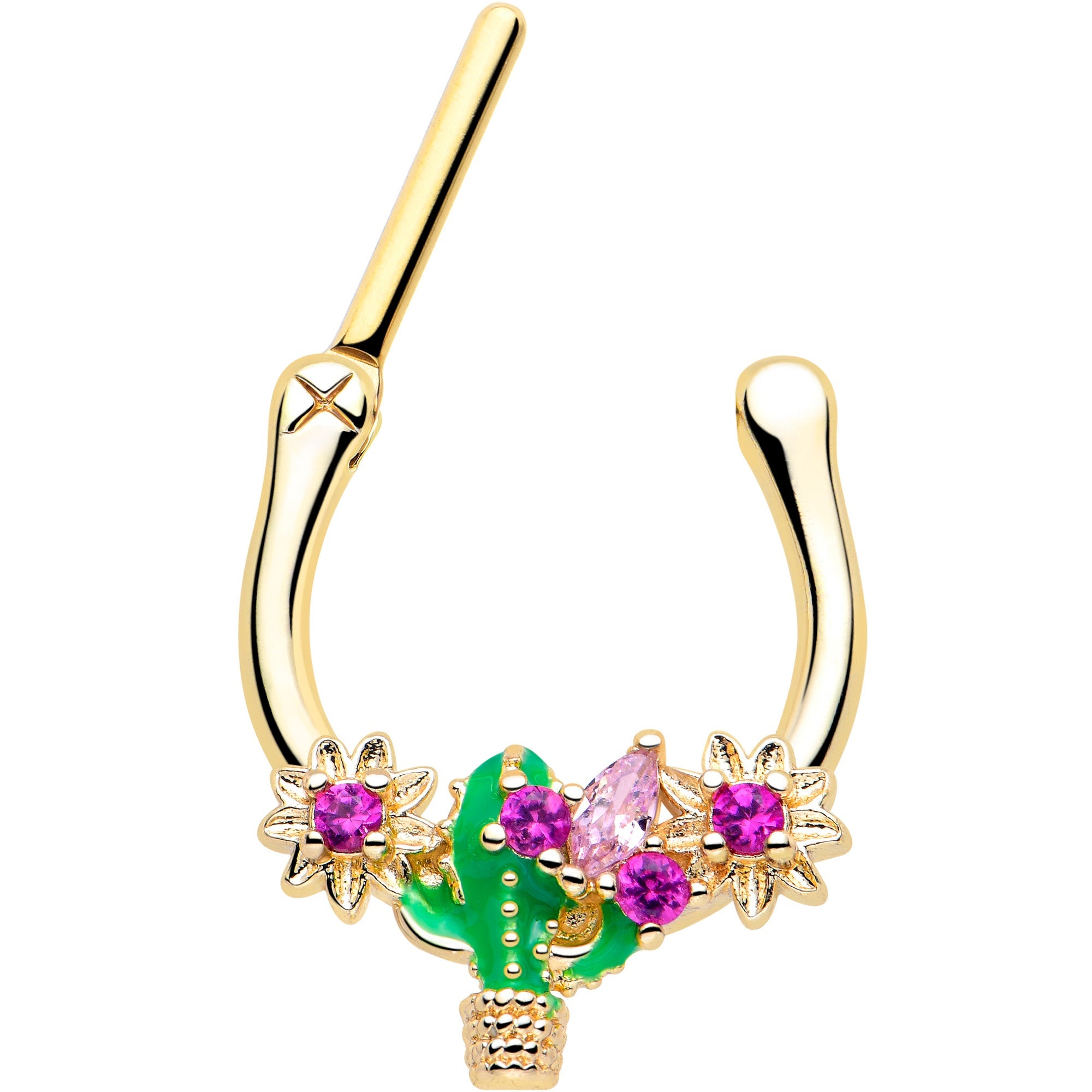 BodyCandy 16G 5/16 Pink CZ Gem Gold Tone Floral Cactus Cartilage Clicker — detail close-up