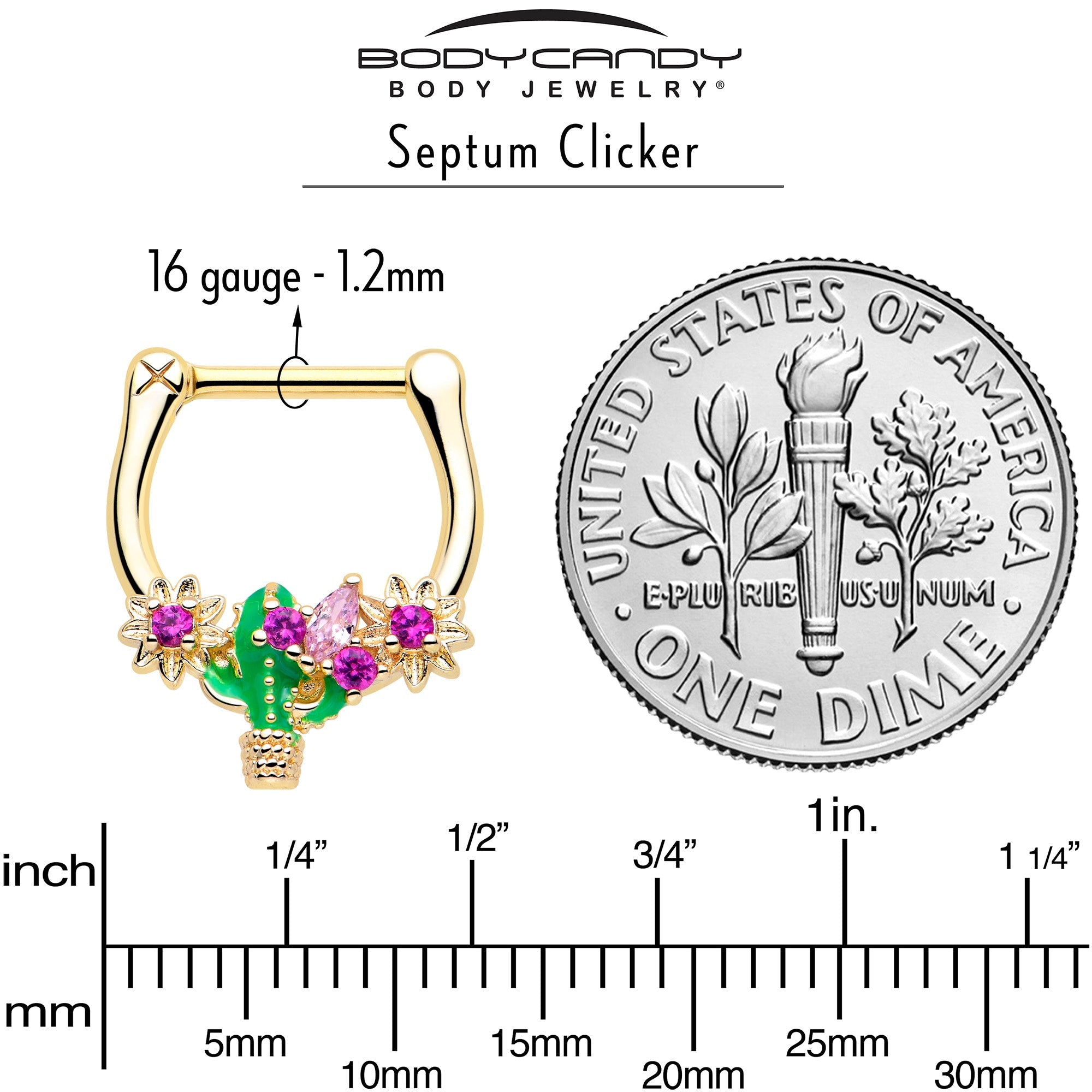 BodyCandy 16G 5/16 Pink CZ Gem Gold Tone Floral Cactus Cartilage Clicker — side view