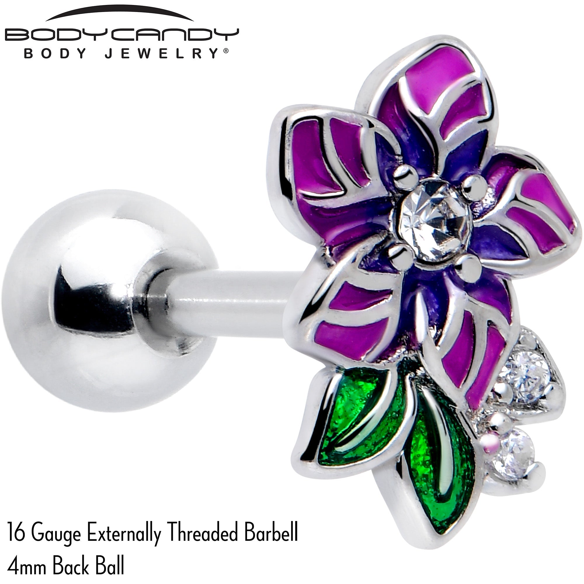 BodyCandy 16G 1/4 Clear CZ Gem Flower Purple Cartilage Tragus Earring — detail close-up