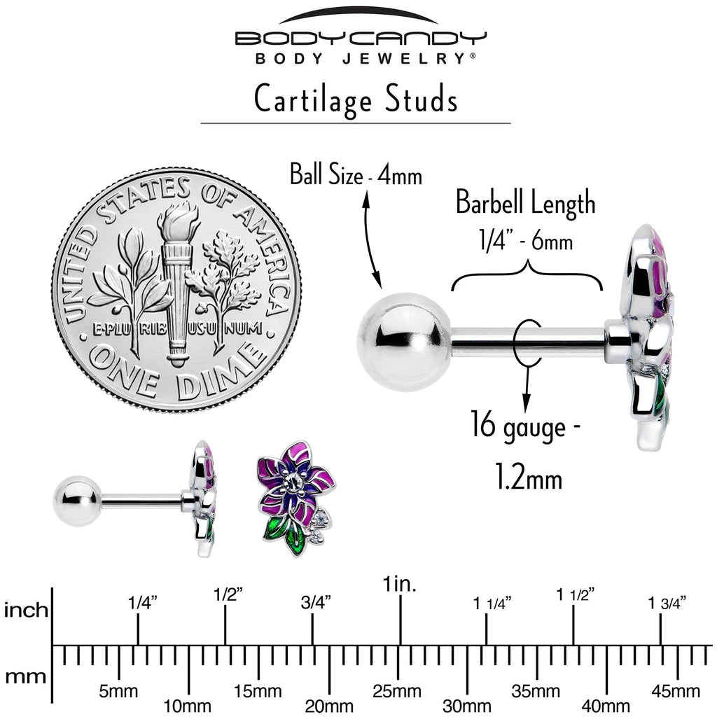 BodyCandy 16G 1/4 Clear CZ Gem Flower Purple Cartilage Tragus Earring — back view