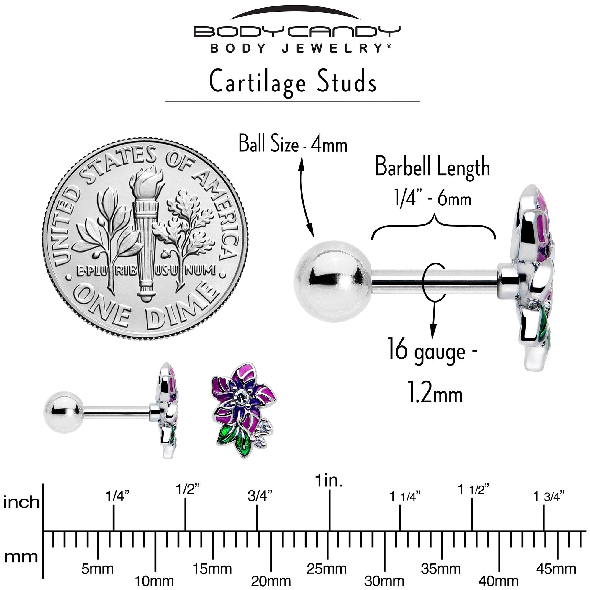 BodyCandy 16G 1/4 Clear CZ Gem Flower Purple Cartilage Tragus Earring — back view