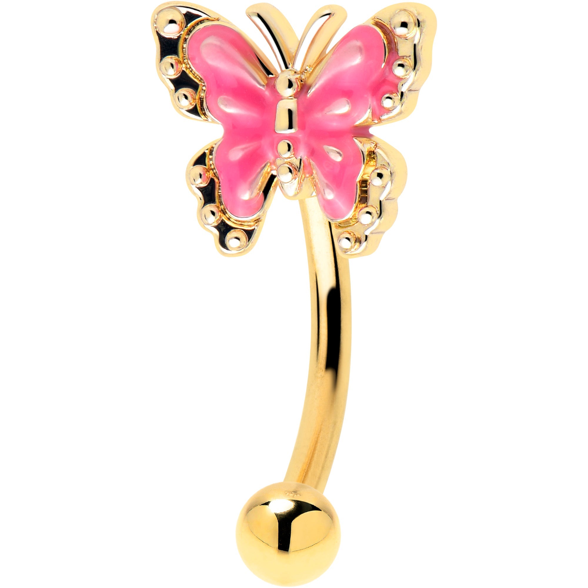 BodyCandy 16G 5/16 Gold Tone Butterfly Pink Splash Curved Eyebrow Ring — main product shot