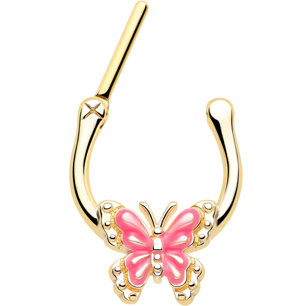 BodyCandy 16G 5/16 Gold Tone Butterfly Pink Splash Cartilage Clicker — detail close-up