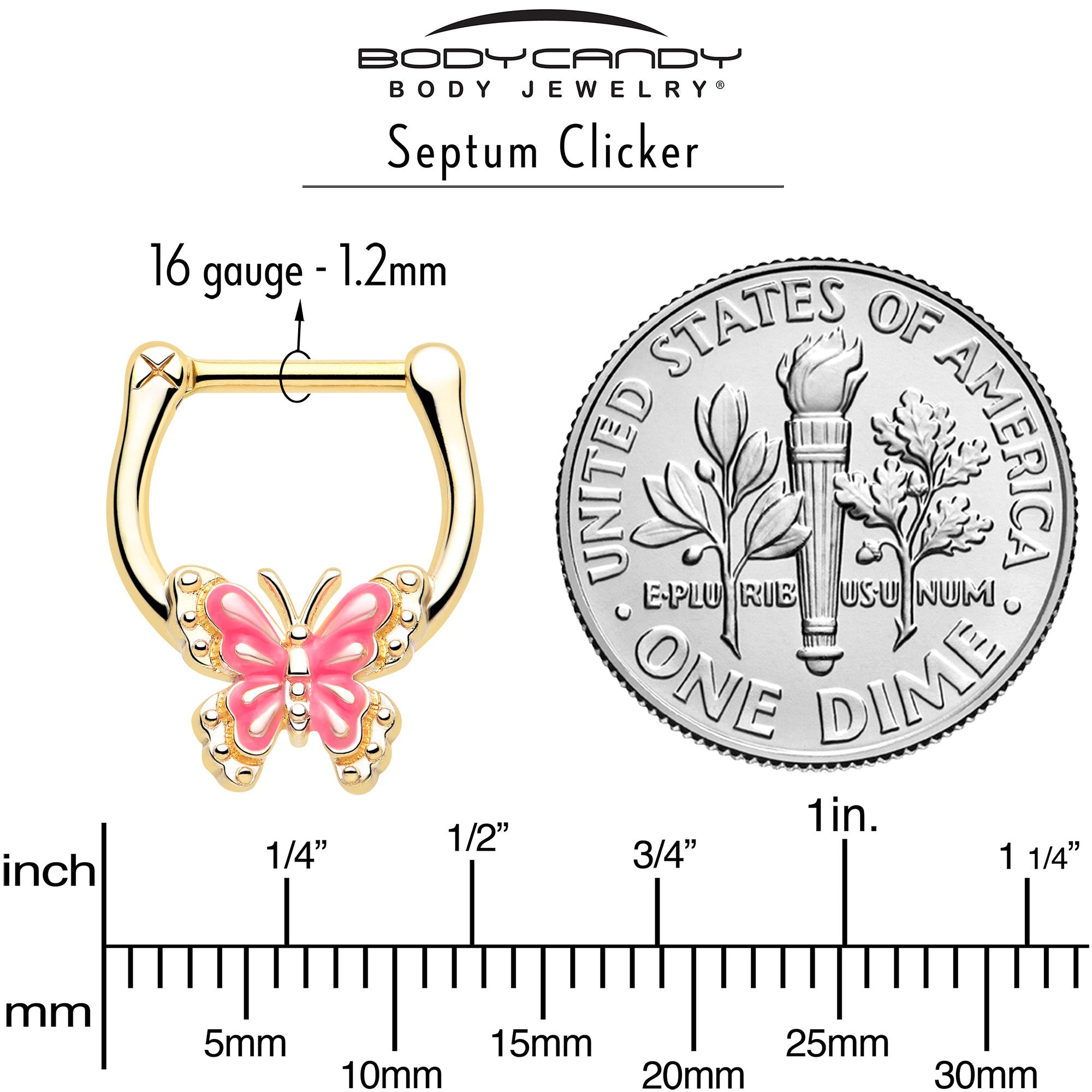 BodyCandy 16G 5/16 Gold Tone Butterfly Pink Splash Cartilage Clicker — side view