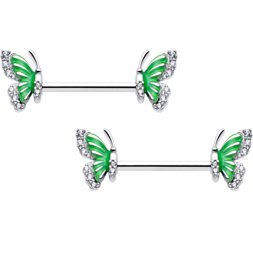 BodyCandy 14G 9/16 Clear CZ Gem Butterfly Green Barbell Nipple Ring Set — main product shot