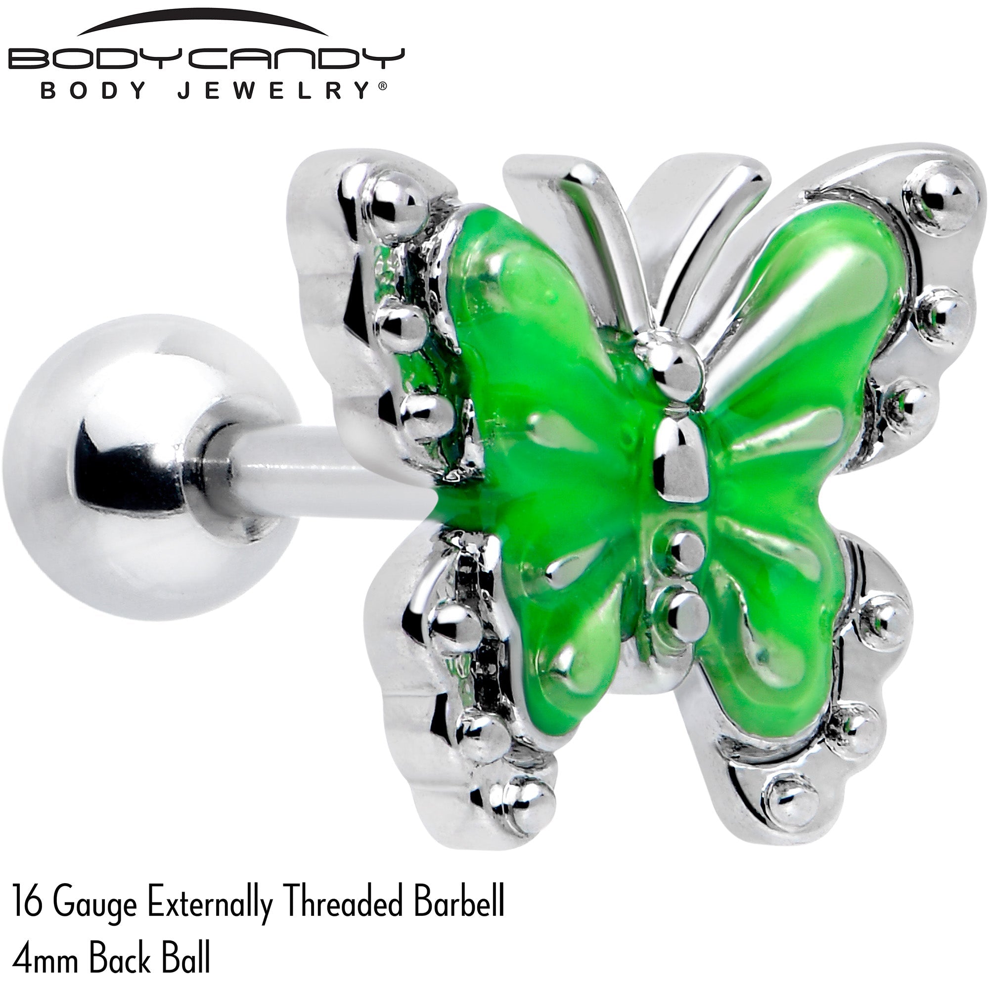 BodyCandy 16G 1/4 Butterfly Green Splash Cartilage Tragus Earring — detail close-up