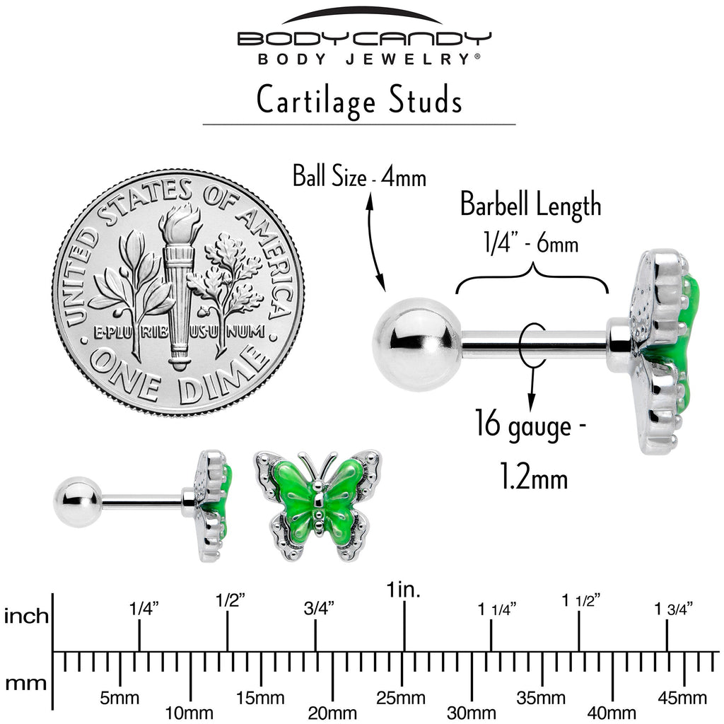 BodyCandy 16G 1/4 Butterfly Green Splash Cartilage Tragus Earring — back view