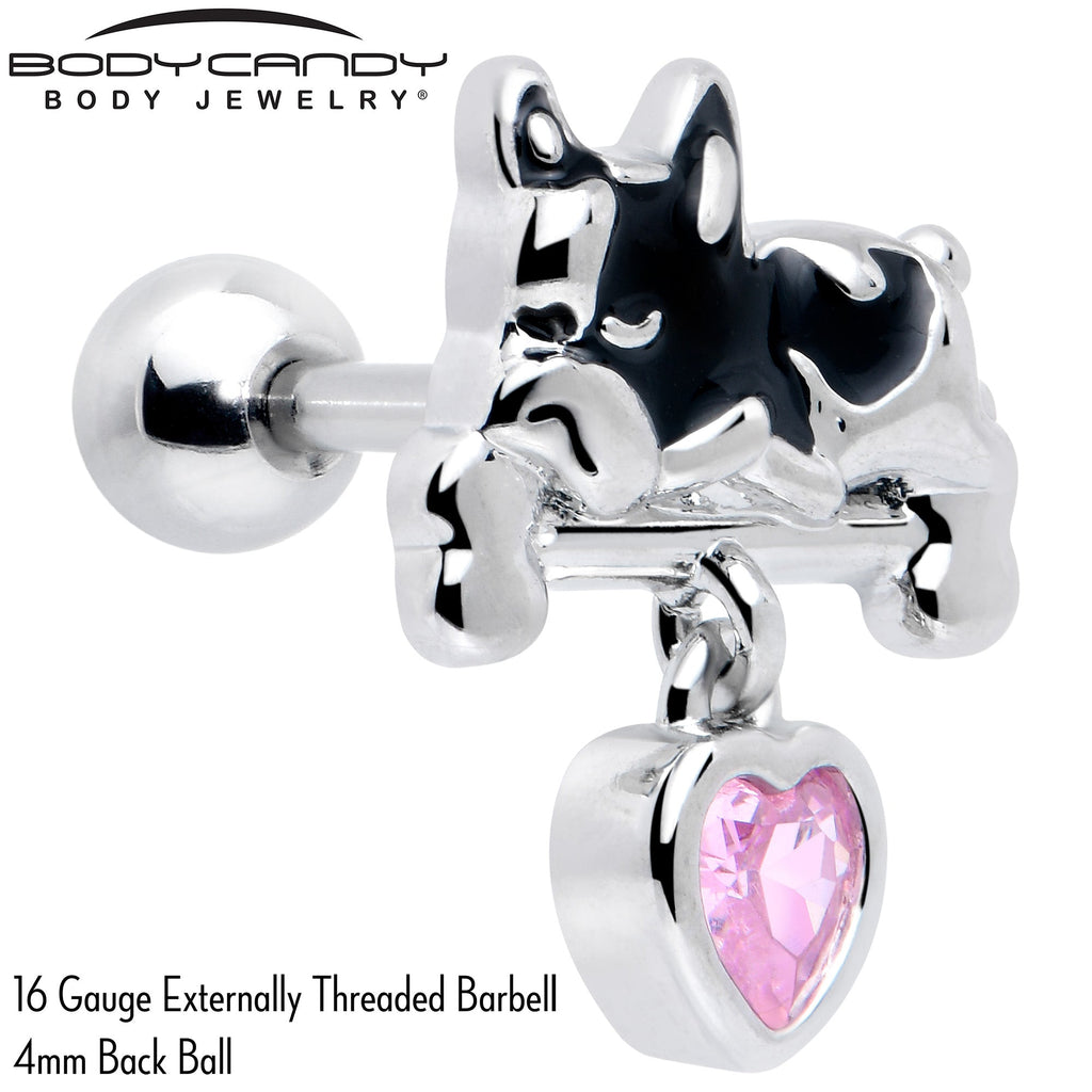 BodyCandy 16G 1/4 Pink CZ Gem Sleepy French Bulldog Dangle Cartilage Earring — detail close-up