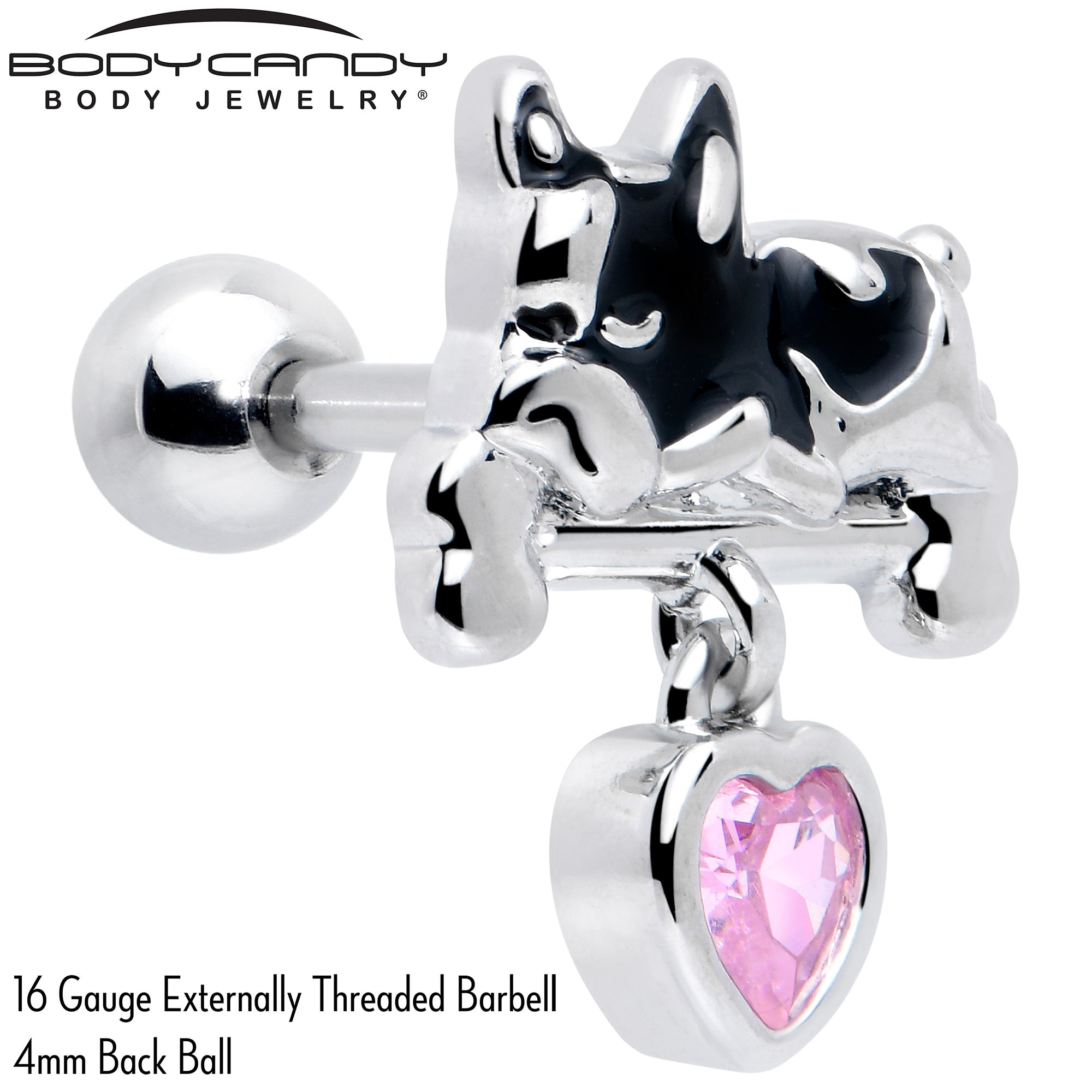 BodyCandy 16G 1/4 Pink CZ Gem Sleepy French Bulldog Dangle Cartilage Earring — detail close-up