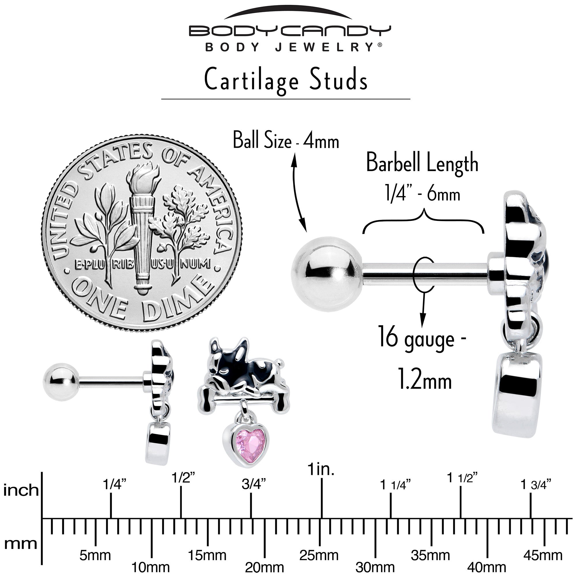 BodyCandy 16G 1/4 Pink CZ Gem Sleepy French Bulldog Dangle Cartilage Earring — back view