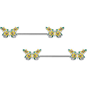 14G 9/16 Yellow CZ Gem Blooming Butterfly Barbell Nipple Ring Set