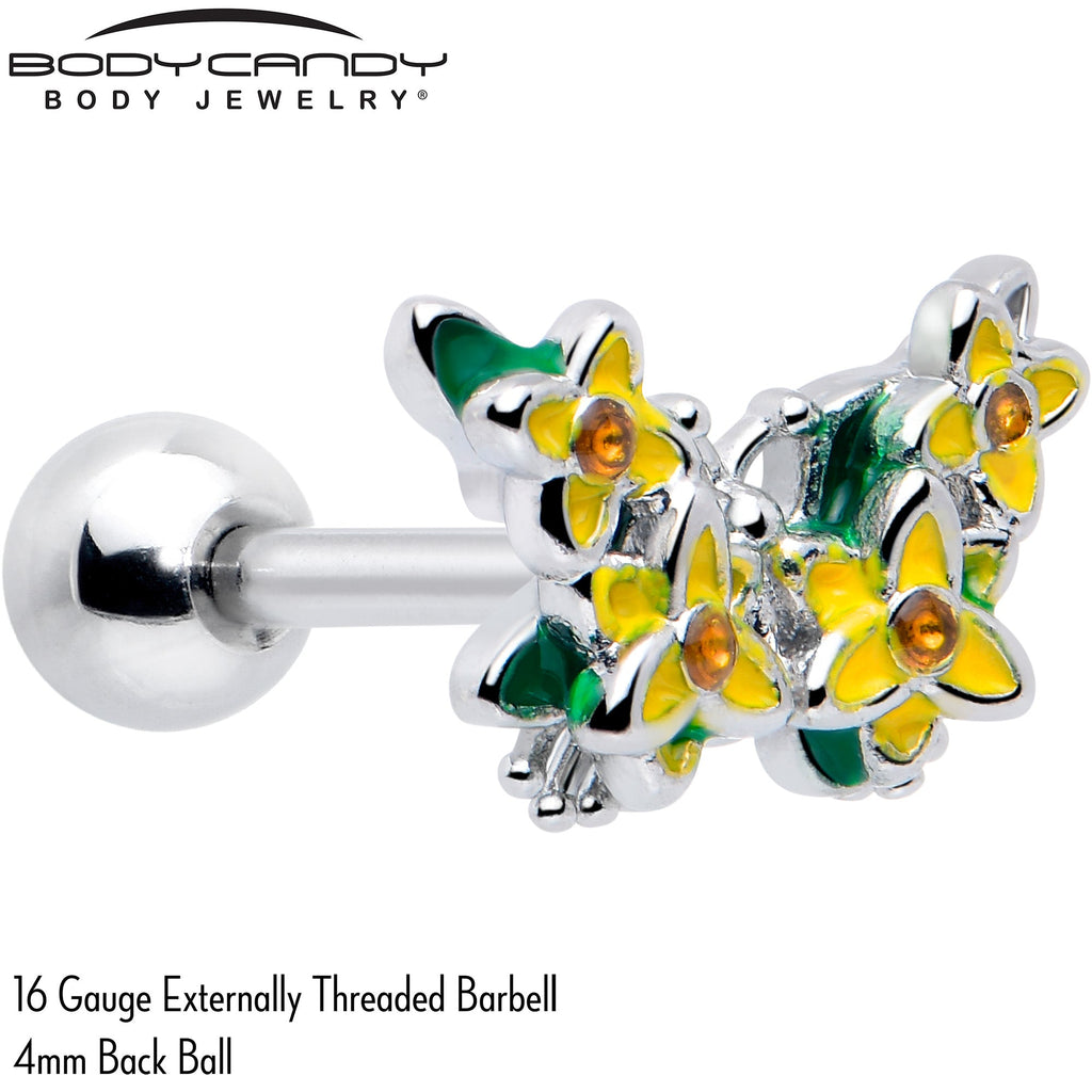 BodyCandy 16G 1/4 Yellow CZ Gem Blooming Butterfly Cartilage Tragus Earring — detail close-up