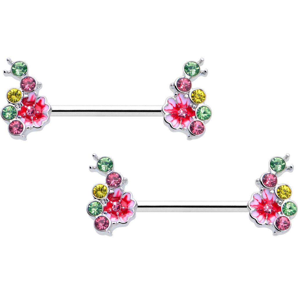 BodyCandy 14G 9/16 Green Pink Gem Caterpillar Flower Barbell Nipple Ring Set — main product shot