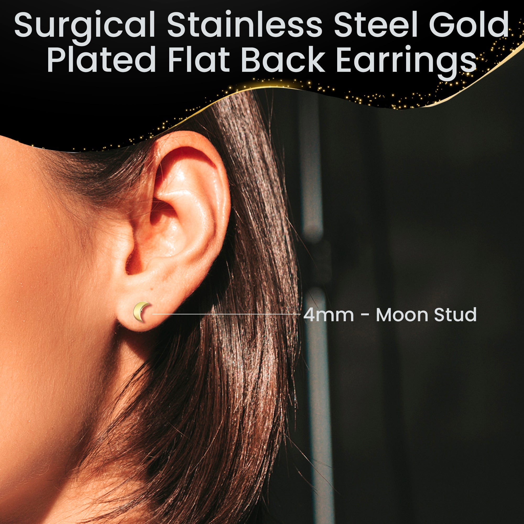 BodyCandy 14k Yellow Gold Plated 4mm Crescent Moon Flat Back Stud Earrings - 1 Pair — side view