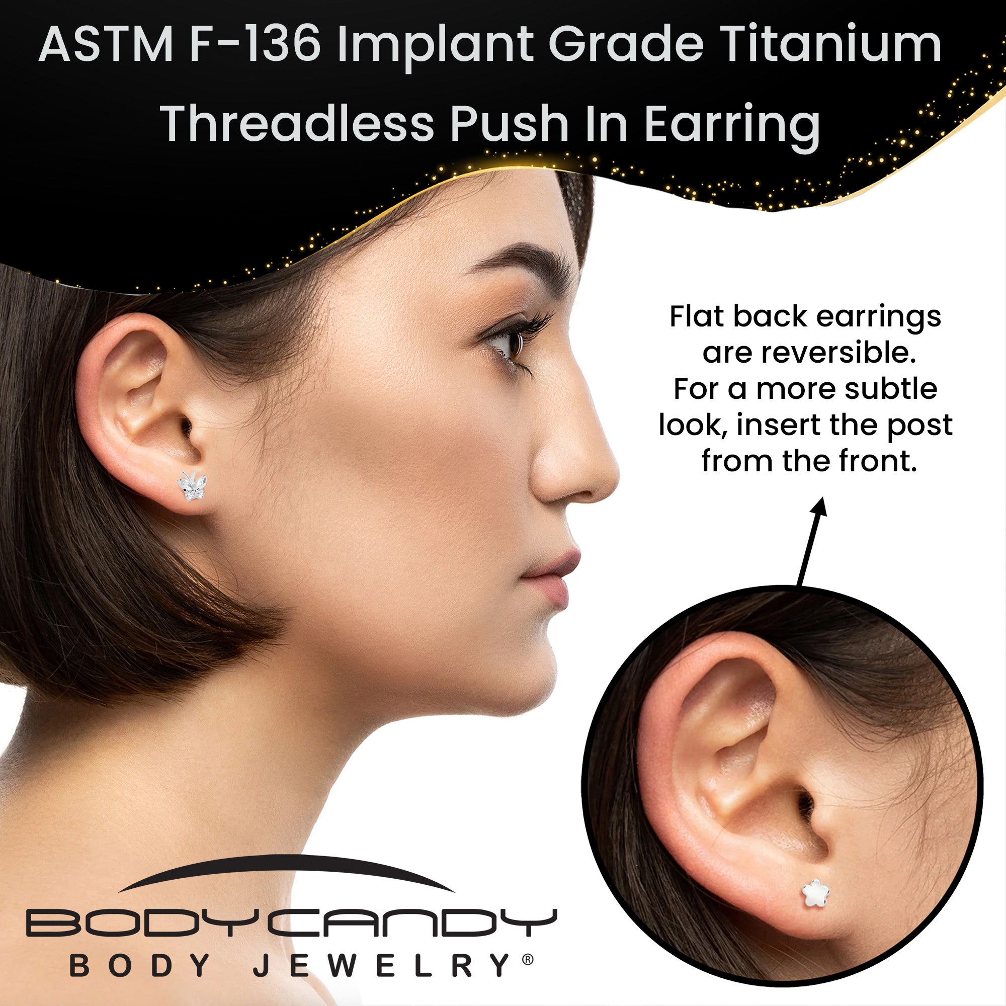 BodyCandy 16G 5/16 Titanium Reversible Flower Threadless Gem Butterfly Labret Tragus — in-use photo