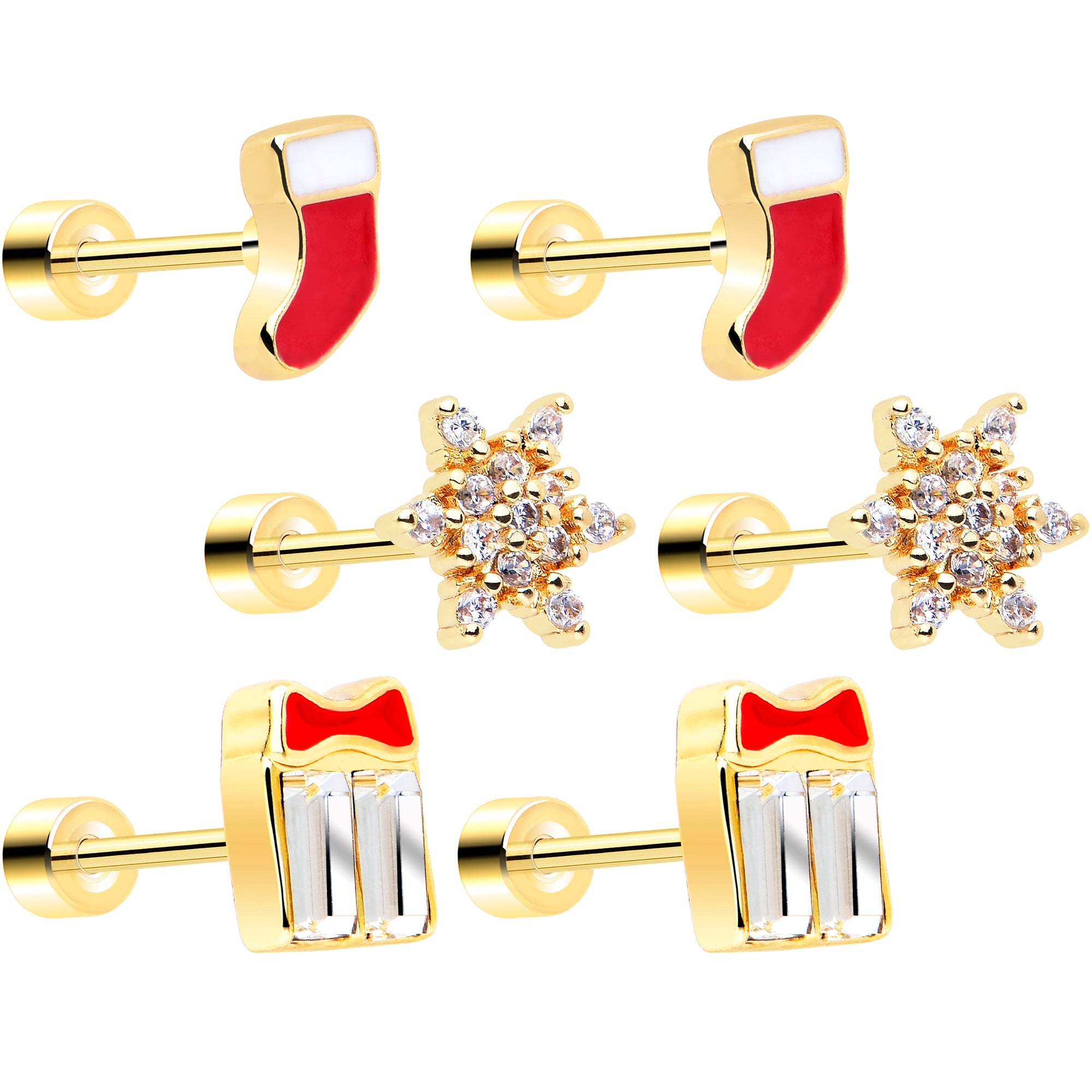 BodyCandy Clear Gem Gold Tone Stocking Christmas Gift Flat Back Earring Set of 6 — main product shot