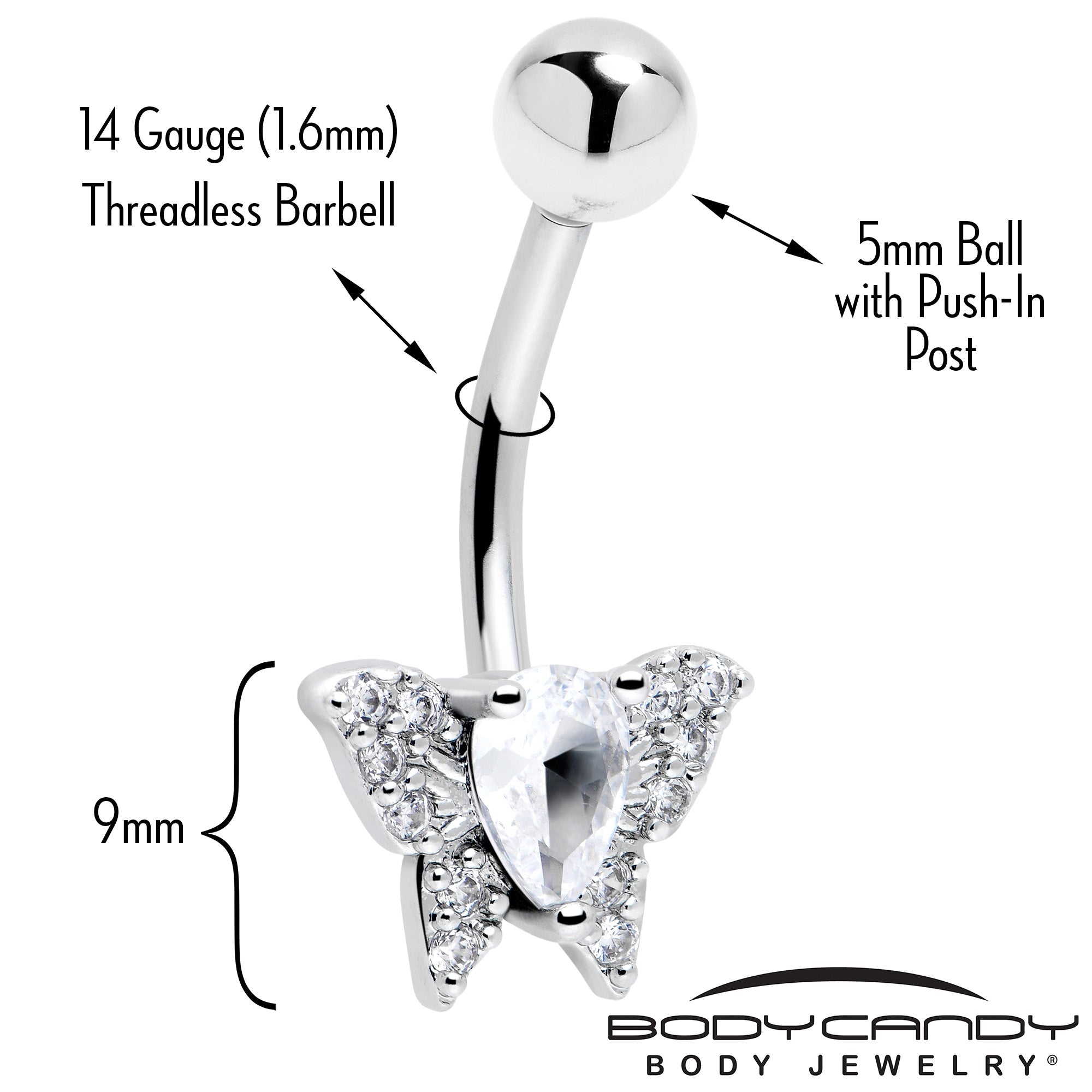 BodyCandy Cubic Zirconia Style Butterfly Belly Ring — side view