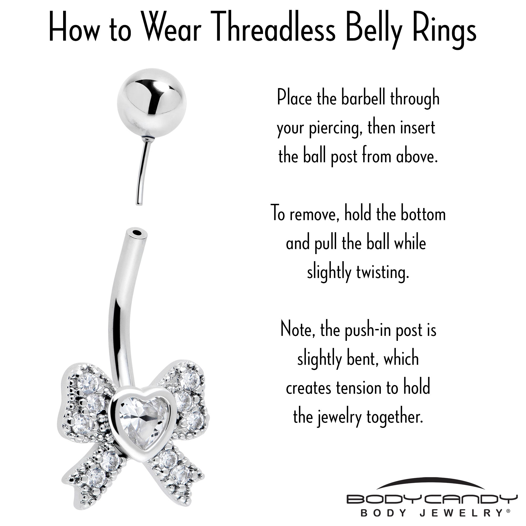 BodyCandy Cubic Zirconia Heart Bow Belly Ring — side view