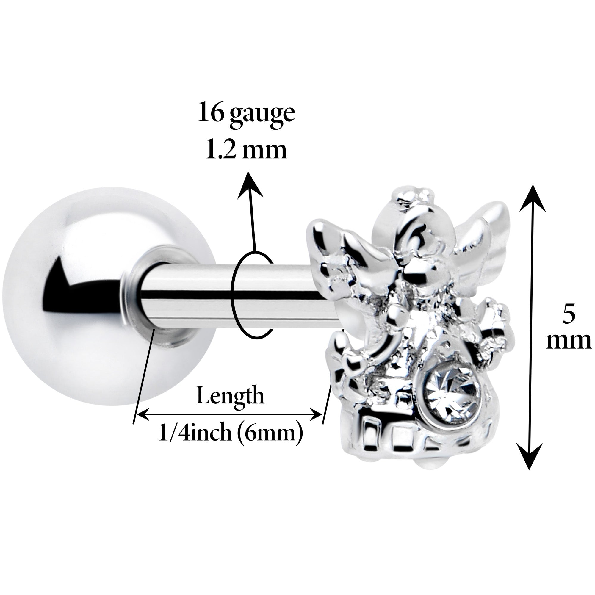BodyCandy 16G 1/4 Clear CZ Gem Fabulous Angel Cartilage Tragus Earring — detail close-up