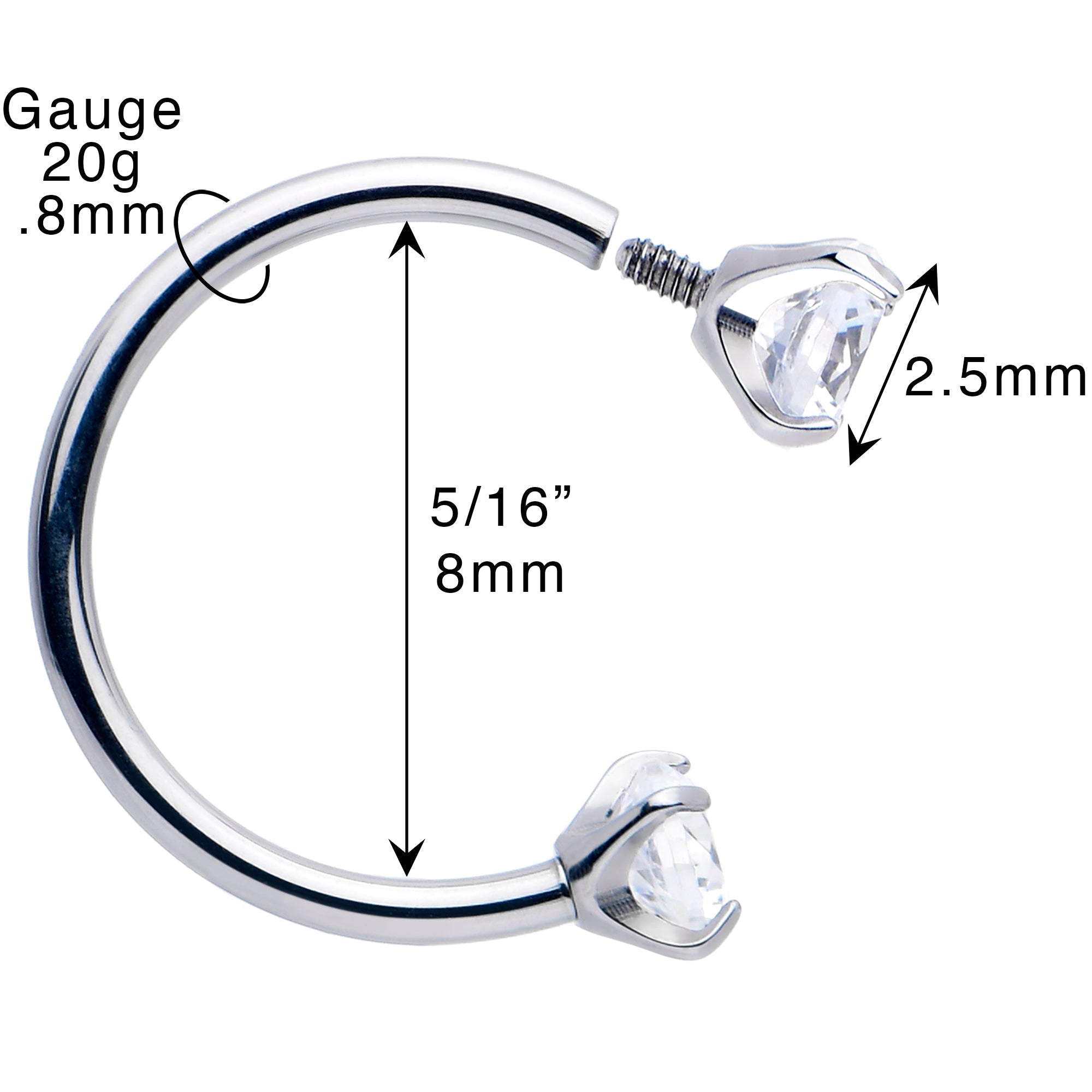 BodyCandy Double Gem Titanium Horseshoe Nose Ring -  Internally Threaded Solid Titanium CZ Horseshoe Nose Hoop — size referen