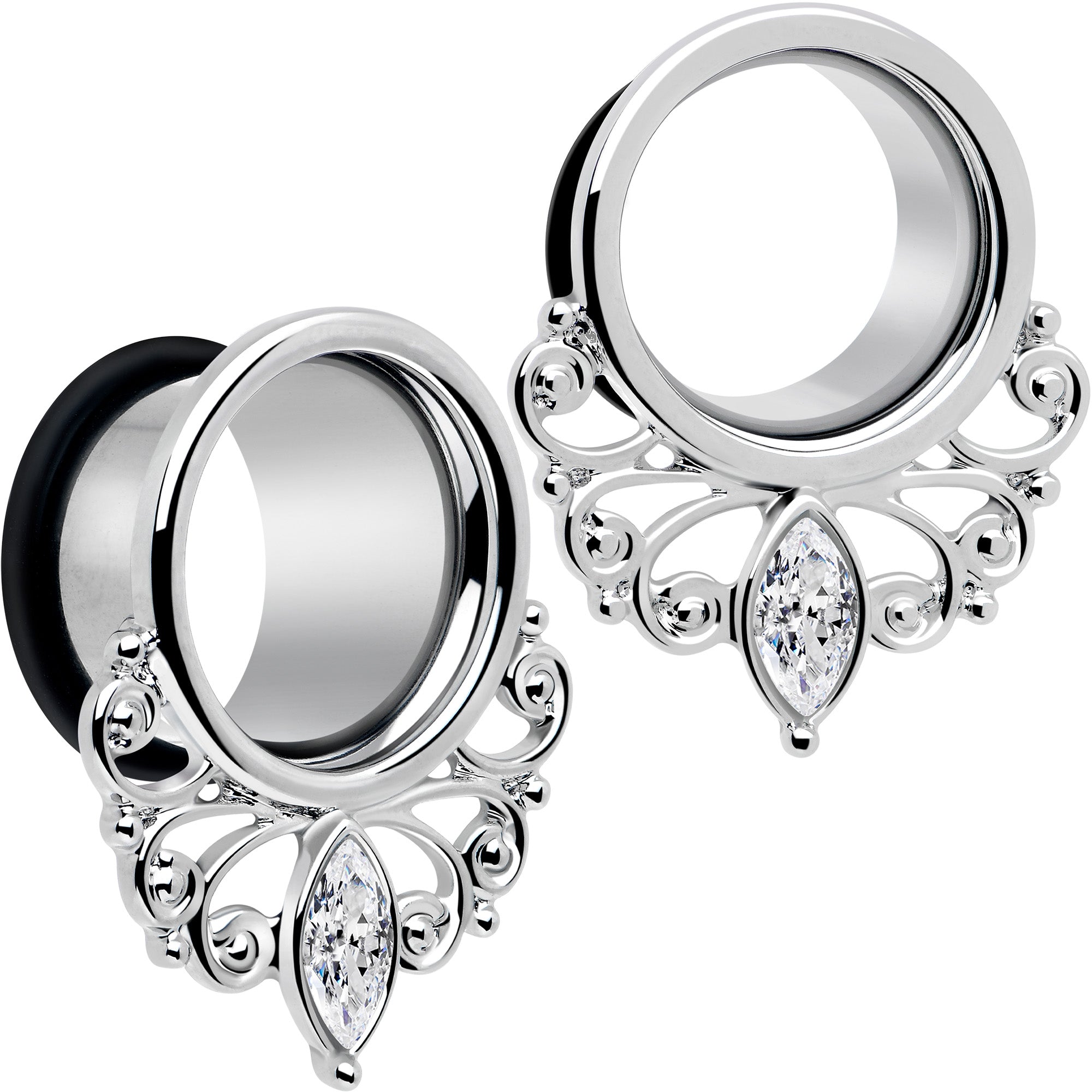 BodyCandy Clear Gem Drop Filigree Single Flare Tunnel Plug Set 6mm to 16mm — main product shot