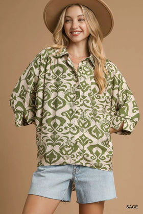 Umgee Abstract Print Button-Up Oversized Shirt