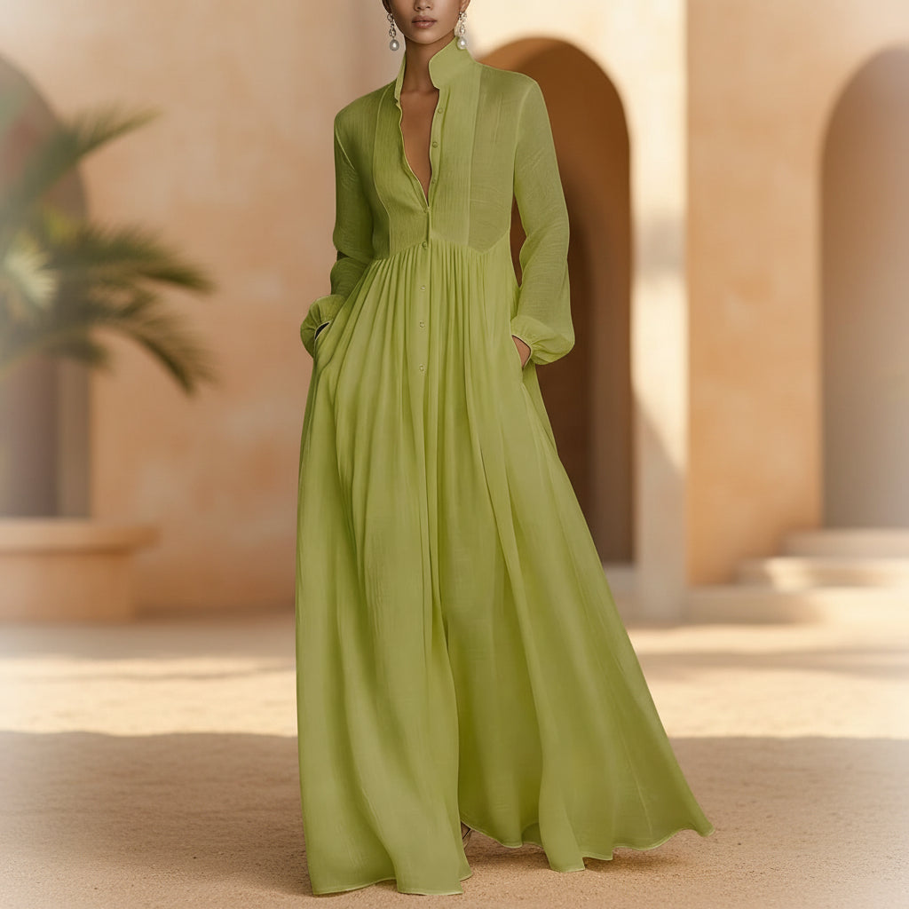 Women's French Style Long Sleeve Pleated A-Line Maxi Dress