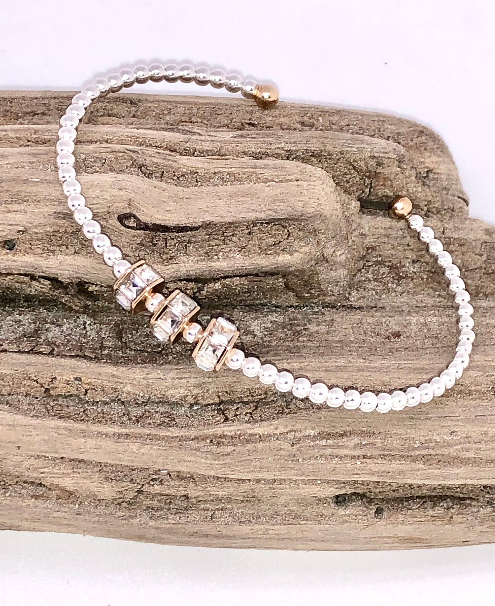 Cuff Alloy Plated 3mm Beaded Bracelet w/Glass Beveled Glass 7-8”