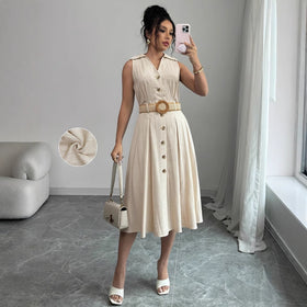 V-Neck Sleeveless A-Line Shirt Dress for Women – High Waist Cotton Linen Midi