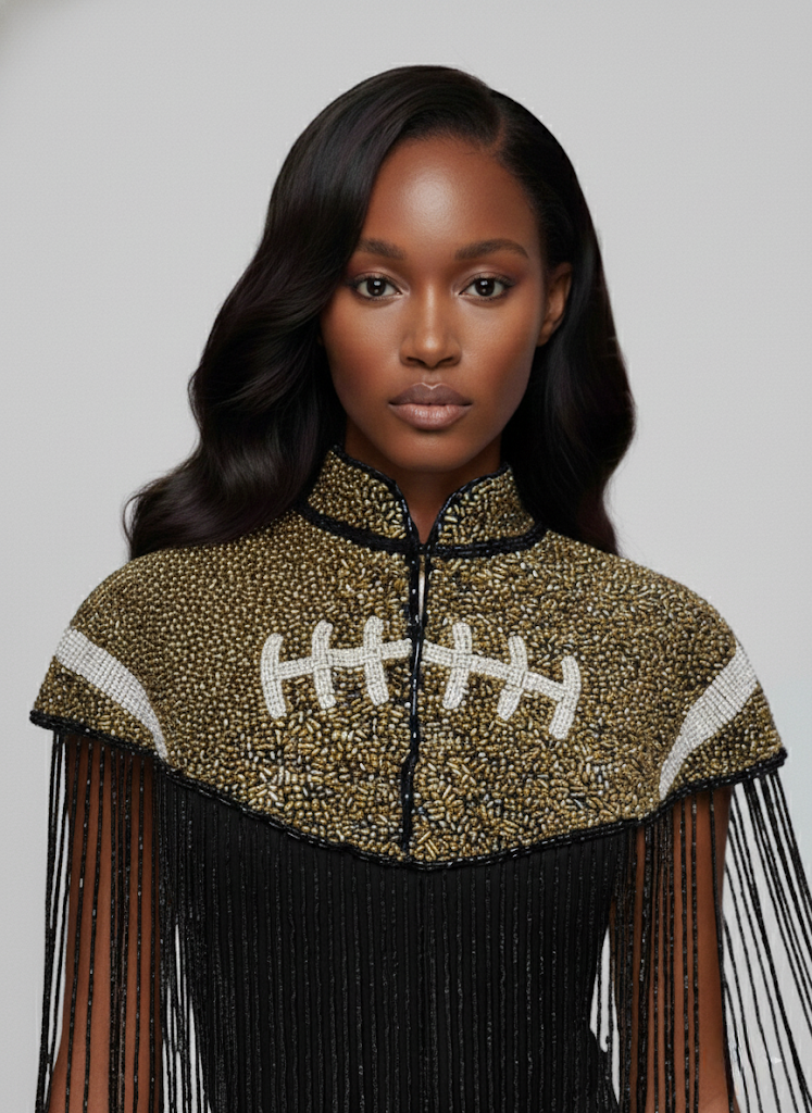 L'Jai Amor Bronze Touchdown Cape — detail close-up