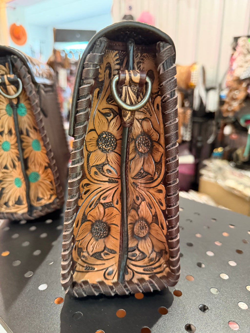 FLORAL TOOLED LEATHER & COWHIDE SHOULDER BAG