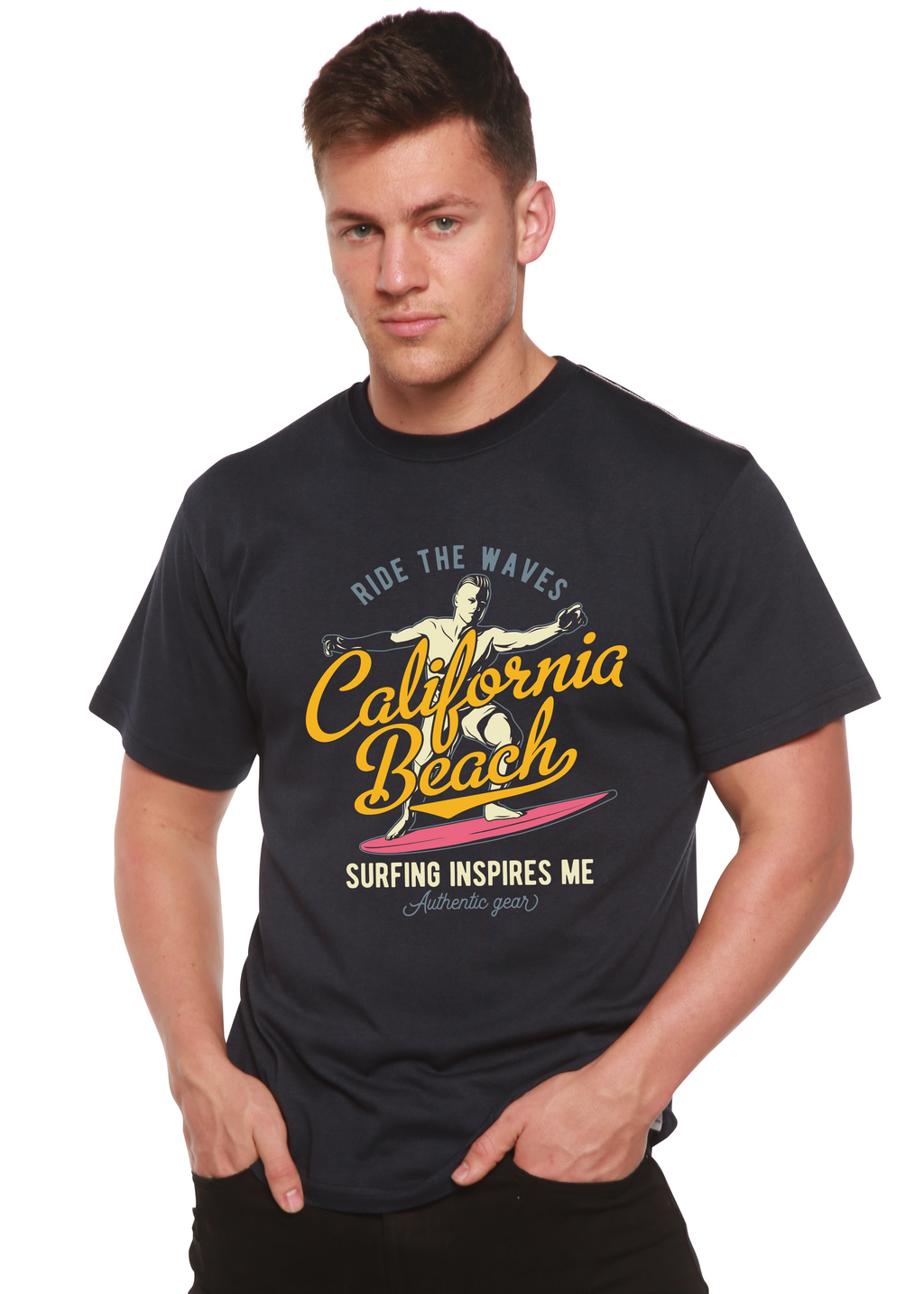 Spun Bamboo California Beach Men's Bamboo Viscose/Organic Cotton Short Sleeve Graphic T-Shirt — detail close-up