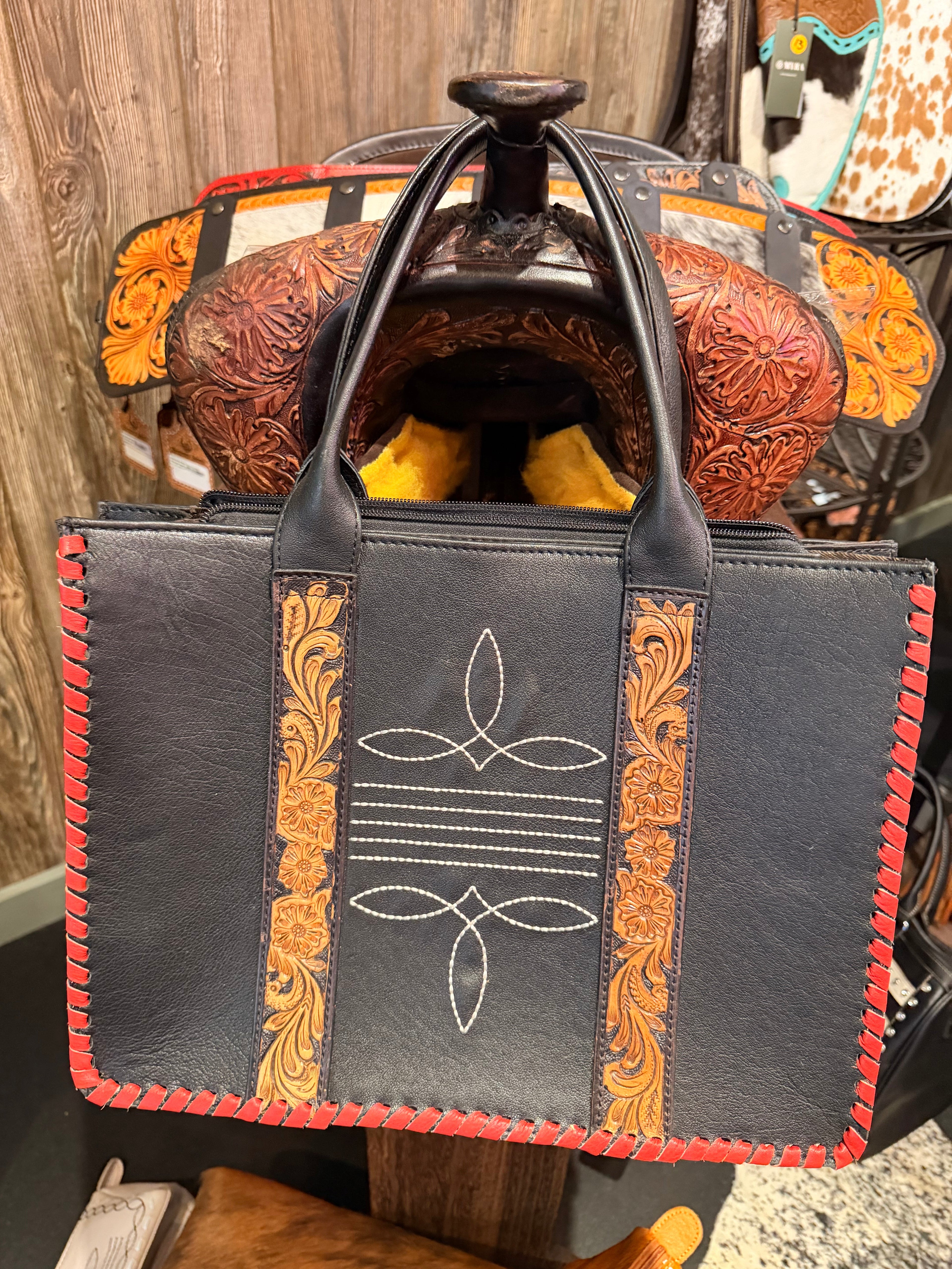 Genuine Leather Boot-stitch Tote