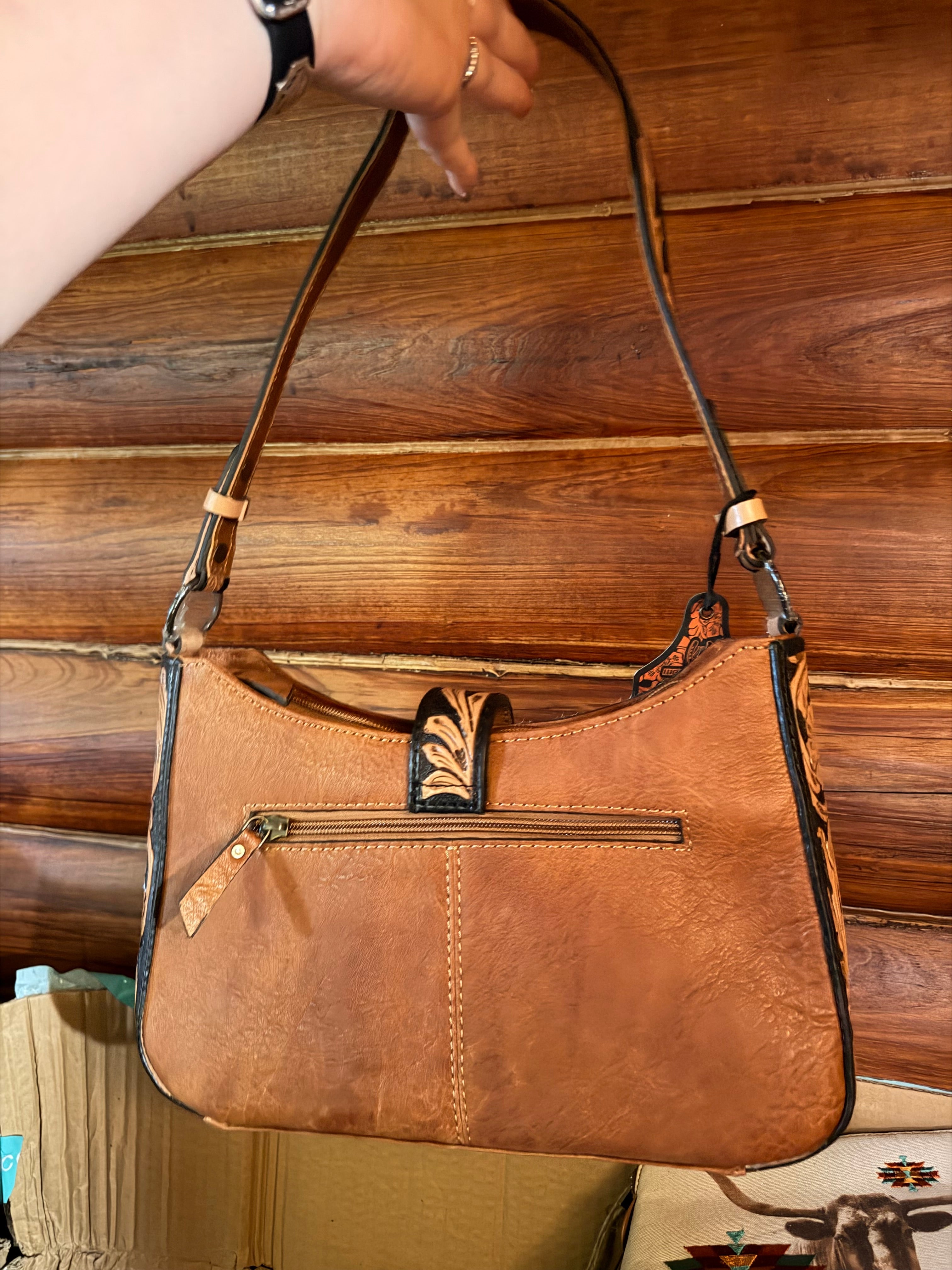 Genuine Leather, Hand Tooled hair on hide shoulder bag
