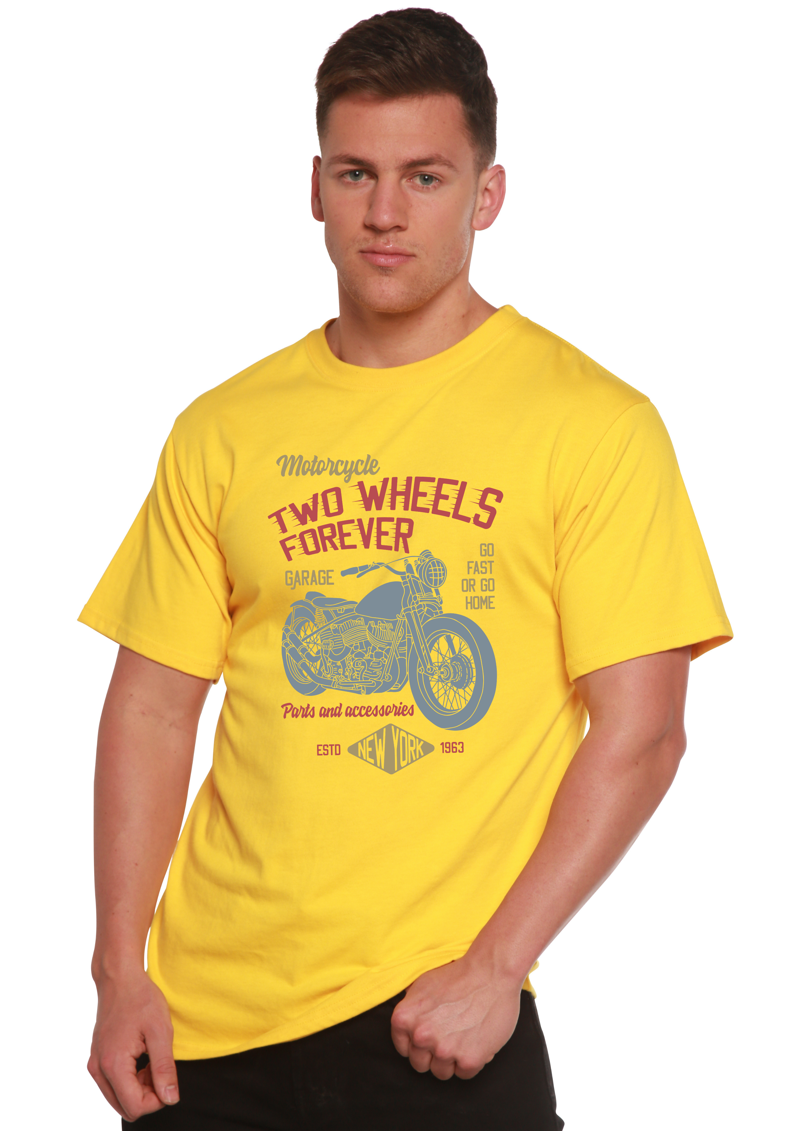 Spun Bamboo Two Wheels Forever Men's Bamboo Viscose/Organic Cotton Short Sleeve Graphic T-Shirt — color detail