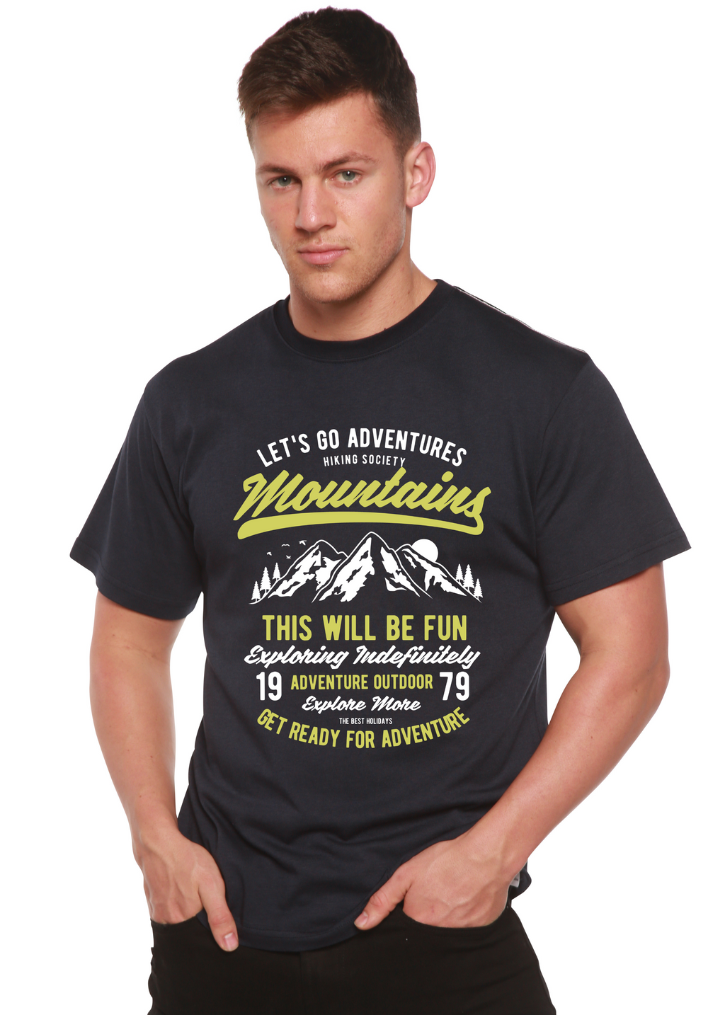 Spun Bamboo Let's Go Adventure Men's Bamboo Viscose/Organic Cotton Short Sleeve Graphic T-Shirt — detail close-up