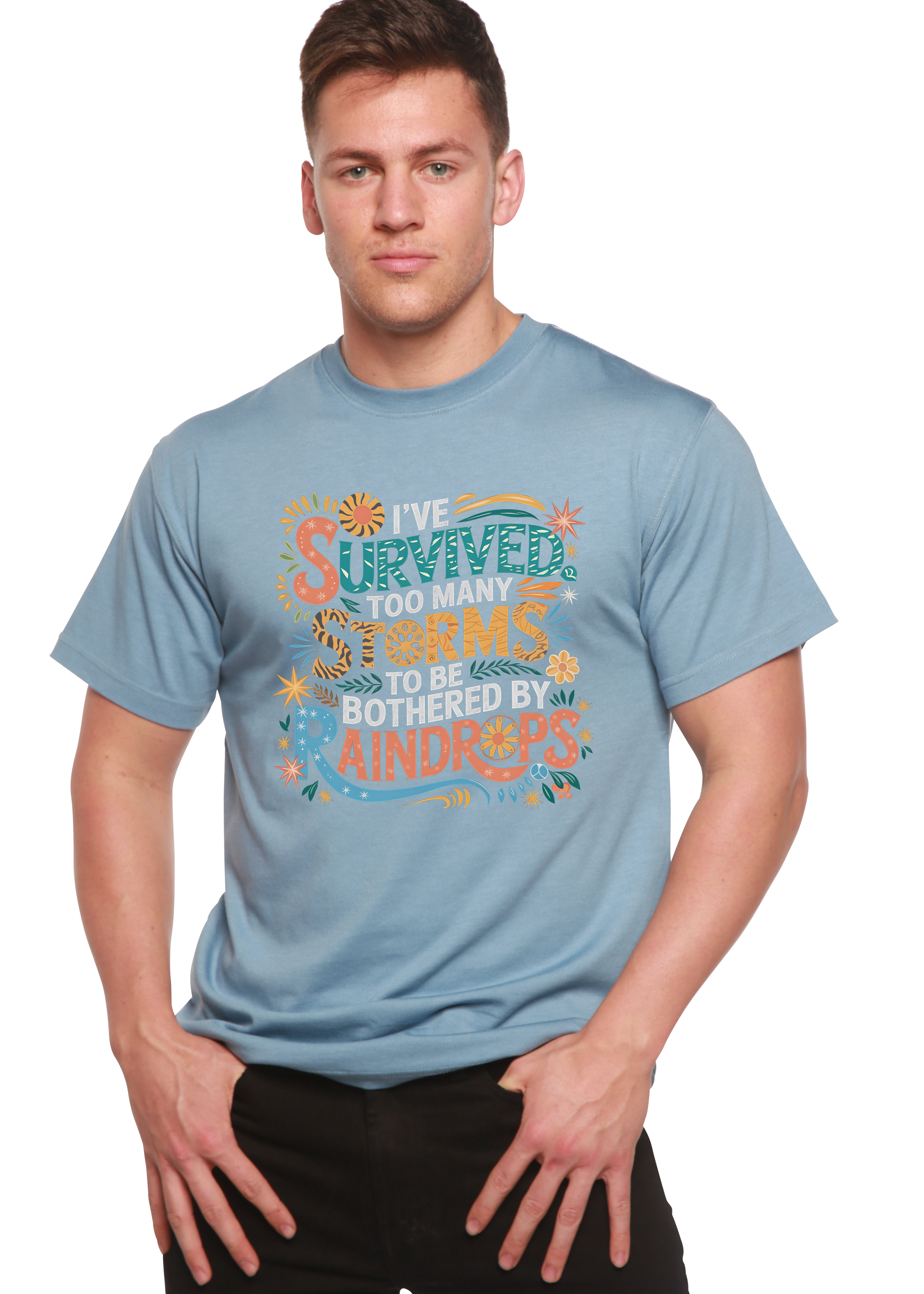 Spun Bamboo I've Survived Too Many Storms to Be Both Unisex Bamboo/Cotton Graphic T-Shirt — color detail