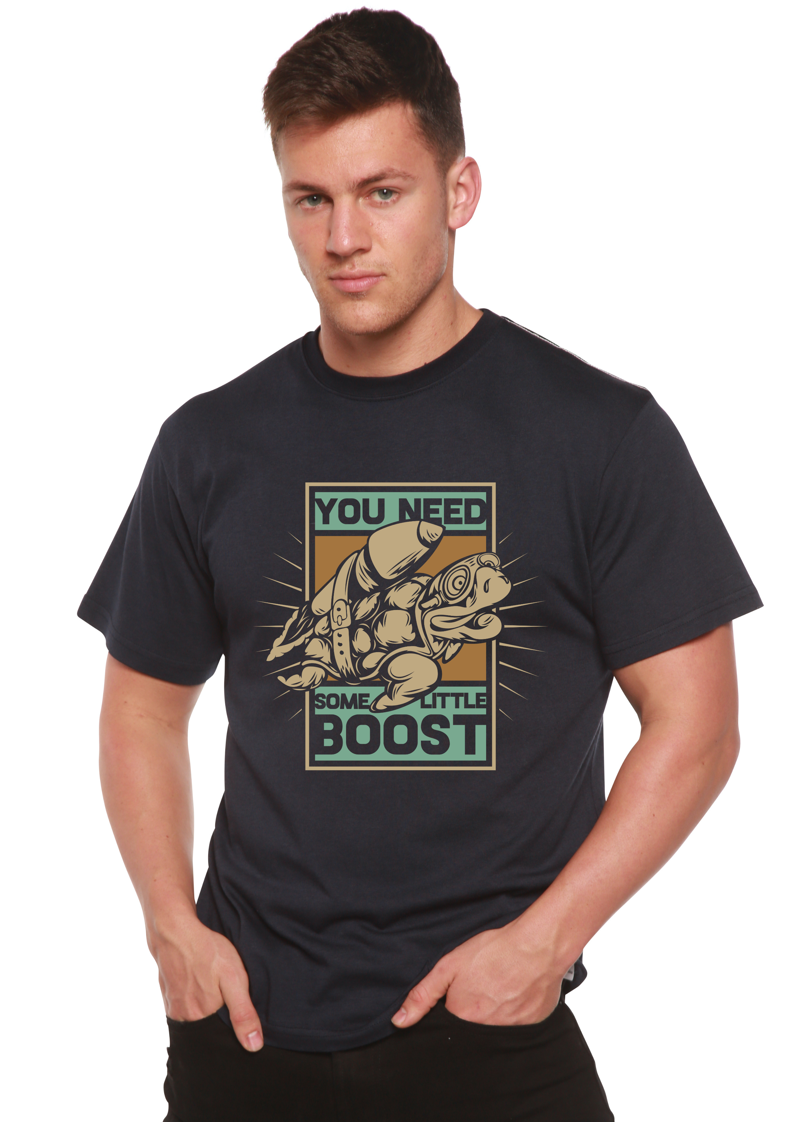 Spun Bamboo You Need Boost Men's Bamboo Viscose/Organic Cotton Short Sleeve Graphic T-Shirt — in-use photo