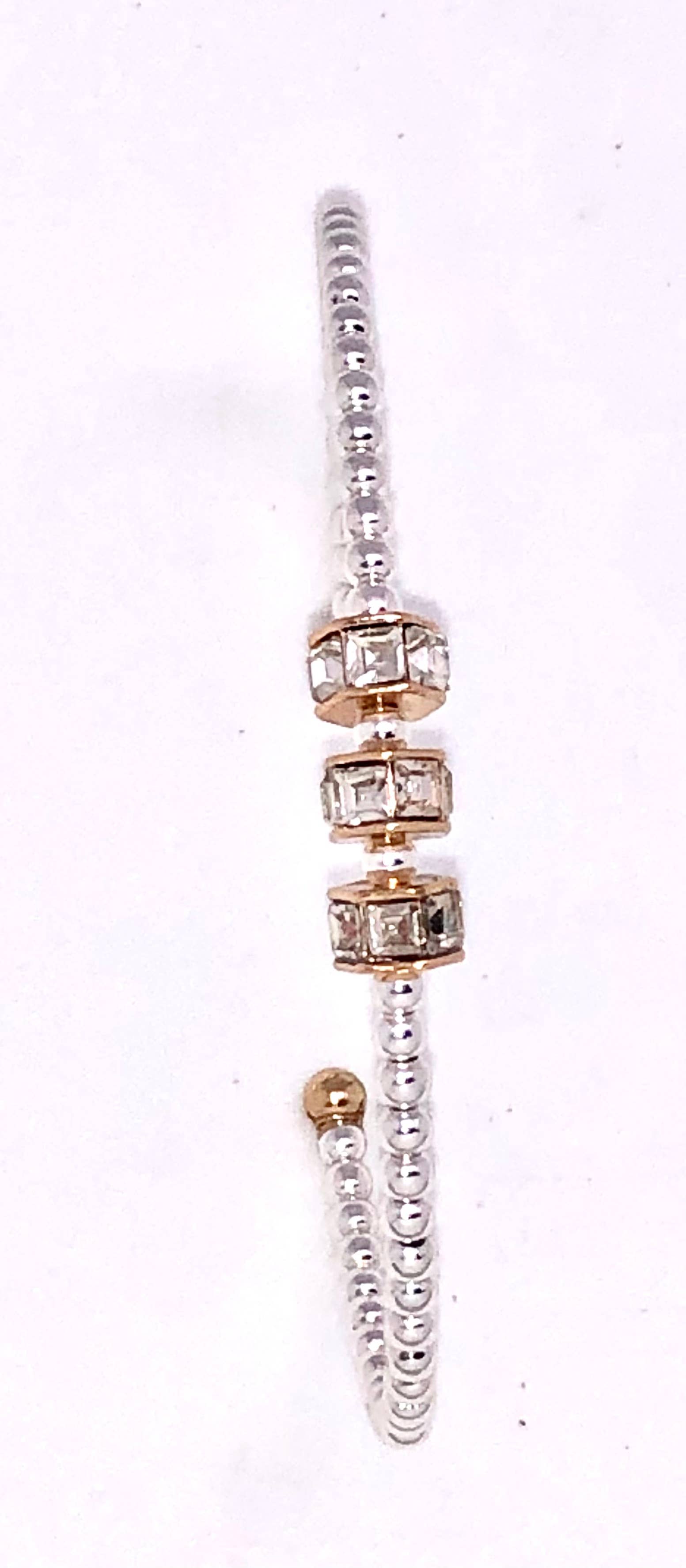 Cuff Alloy Plated 3mm Beaded Bracelet w/Glass Beveled Glass 7-8”
