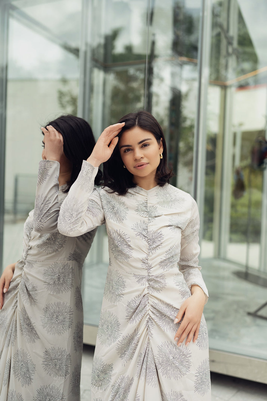profile-nyc YULIA SHIRRED DRESS IN PAISLEY PRINT — lifestyle worn / used context