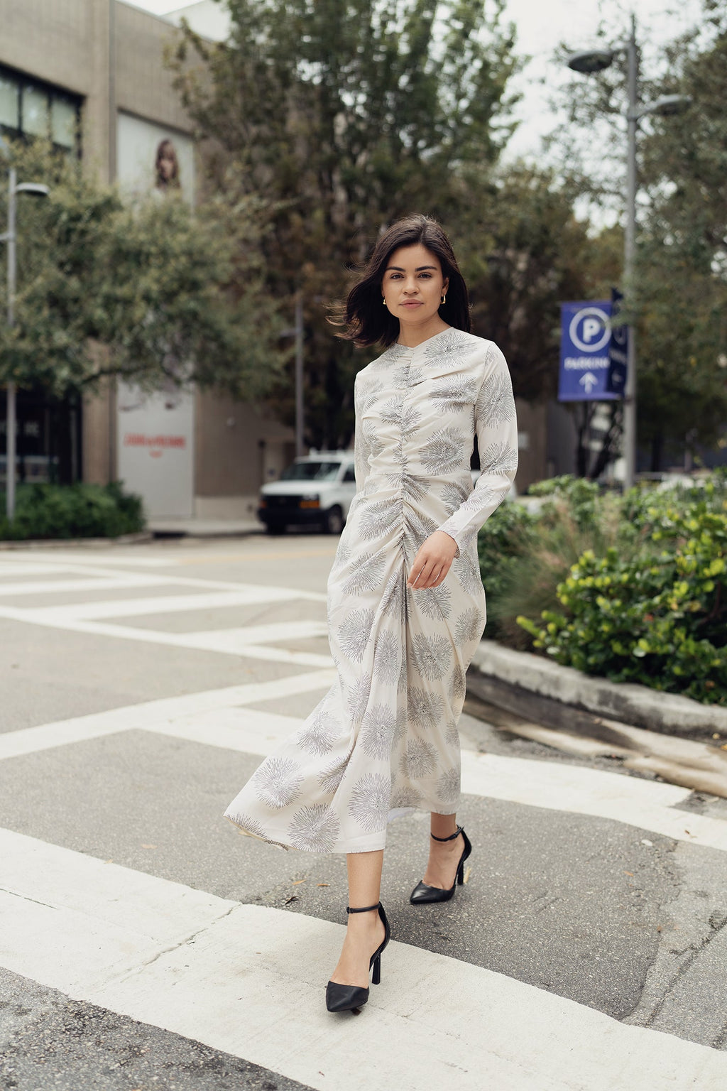 profile-nyc YULIA SHIRRED DRESS IN CREAM PRINT — main product shot
