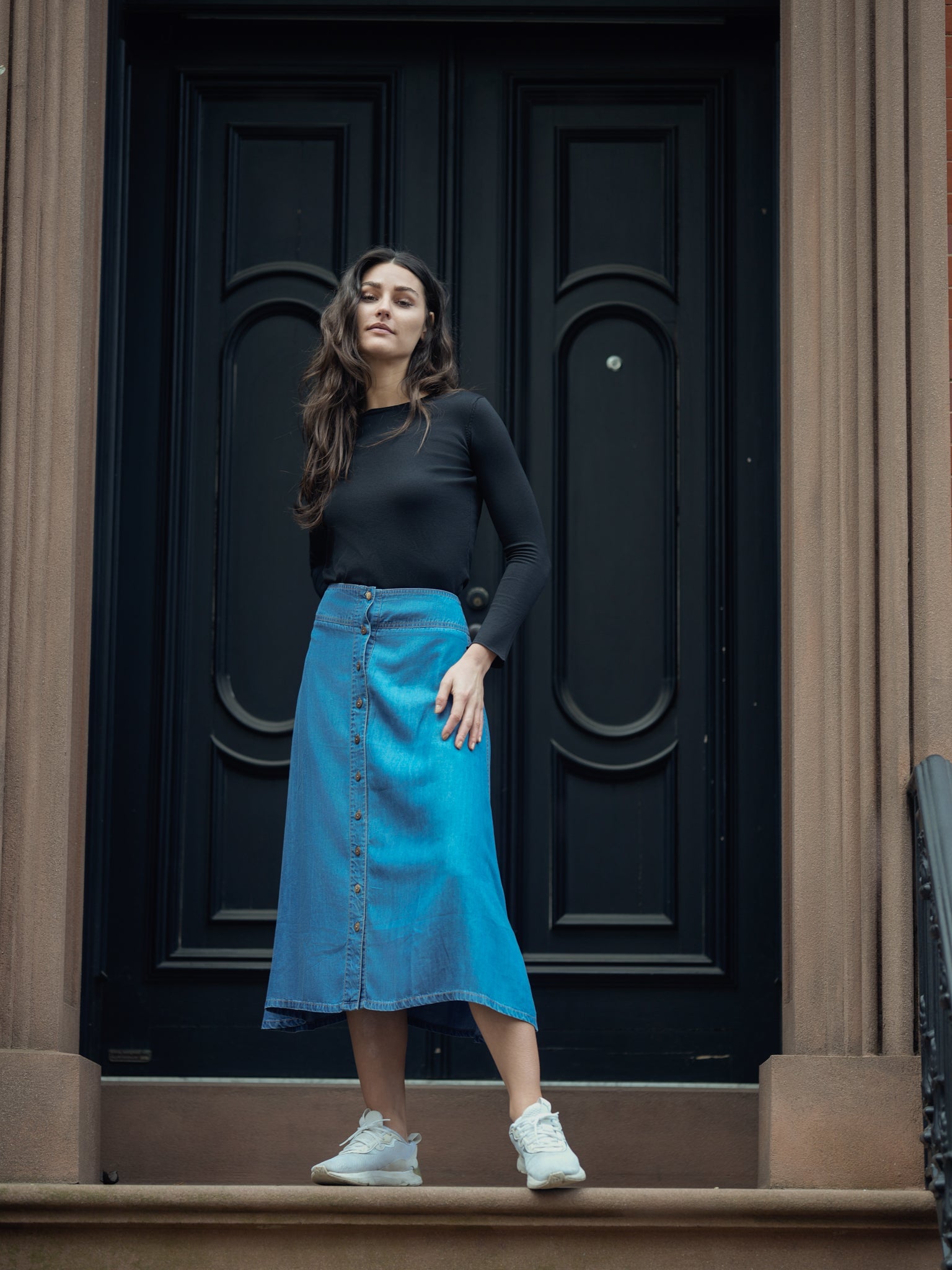 profile-nyc SOFT DENIM BUTTON SKIRT — main product shot