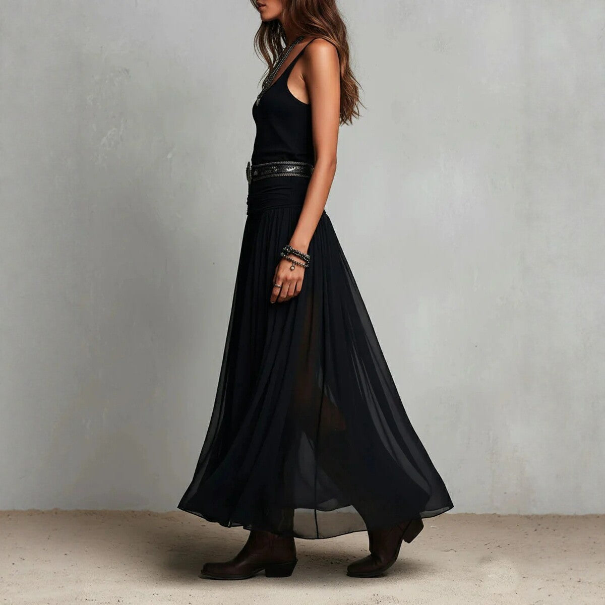 Black Mesh Strap Maxi Dress – V-Neck Pleated Long Dress