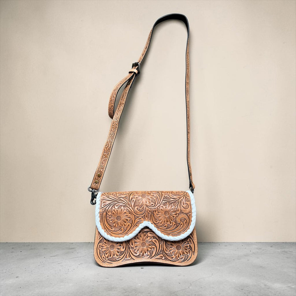 TAN/WHITE TOOLED LEATHER CROSSBODY BAG