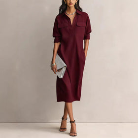 Women's Solid Color Pleated A-Line Midi Dress | Elegant Office Casual Shirt Collar Dress